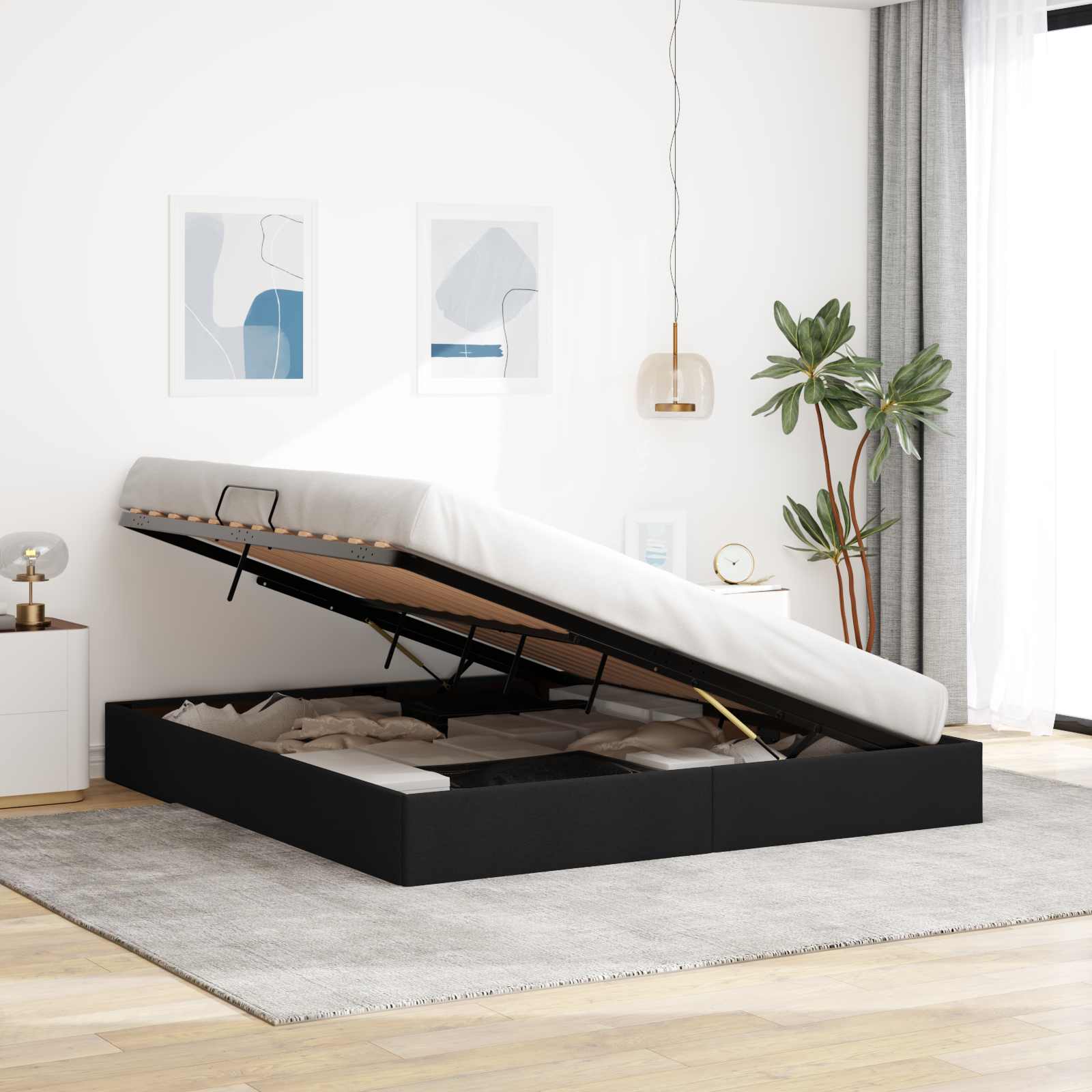 Cadre de lit ottoman avec stockage Noir 160 x 200 cm tissu