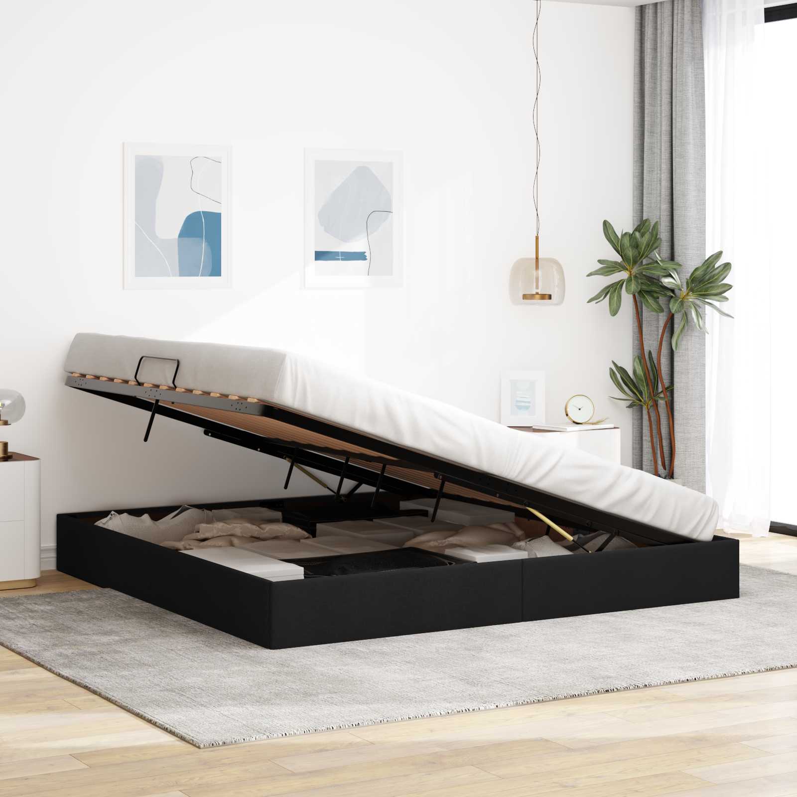 Cadre de lit ottoman avec stockage Noir 200 x 200 cm tissu