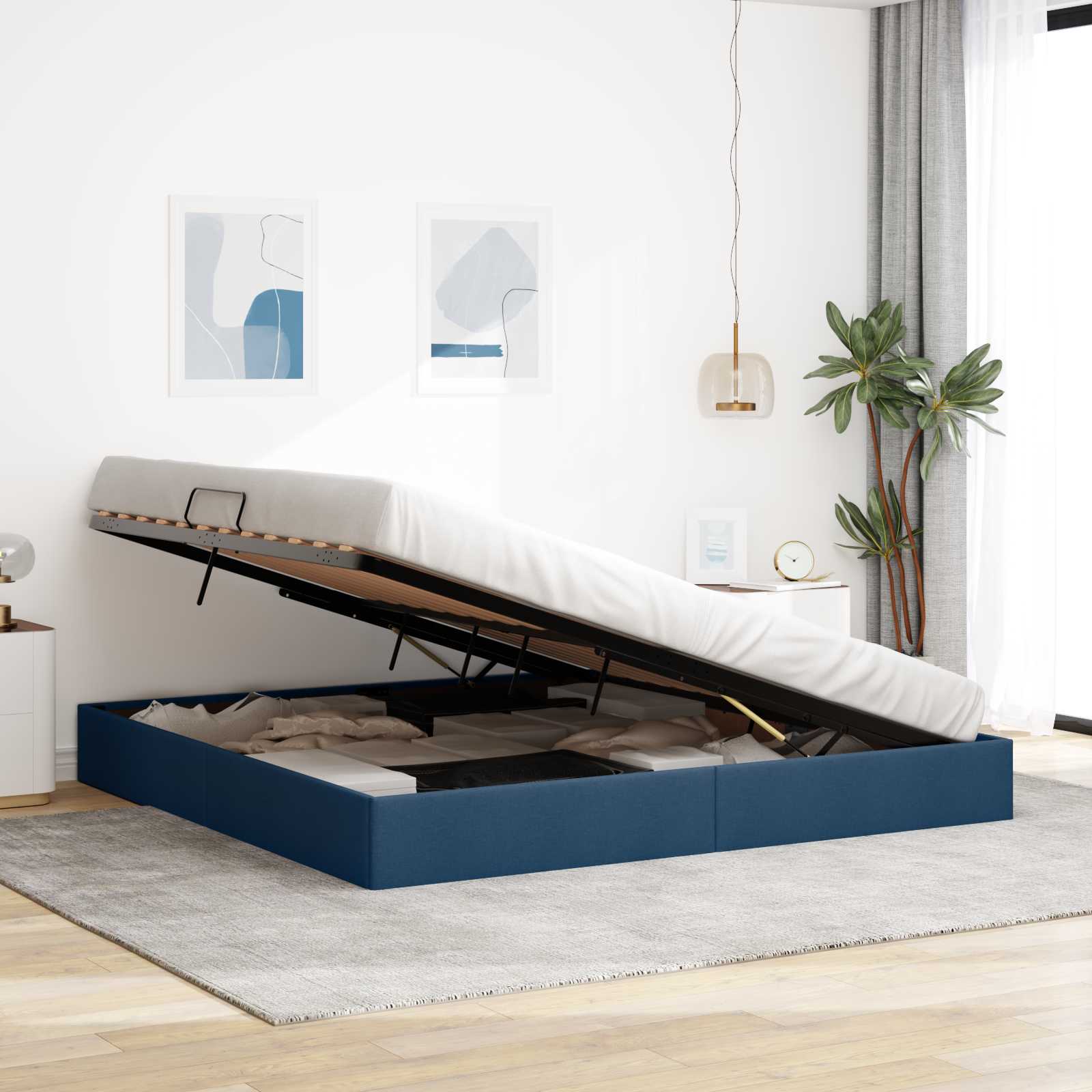 Cadre de lit ottoman avec stockage Bleu 200 x 200 cm tissu