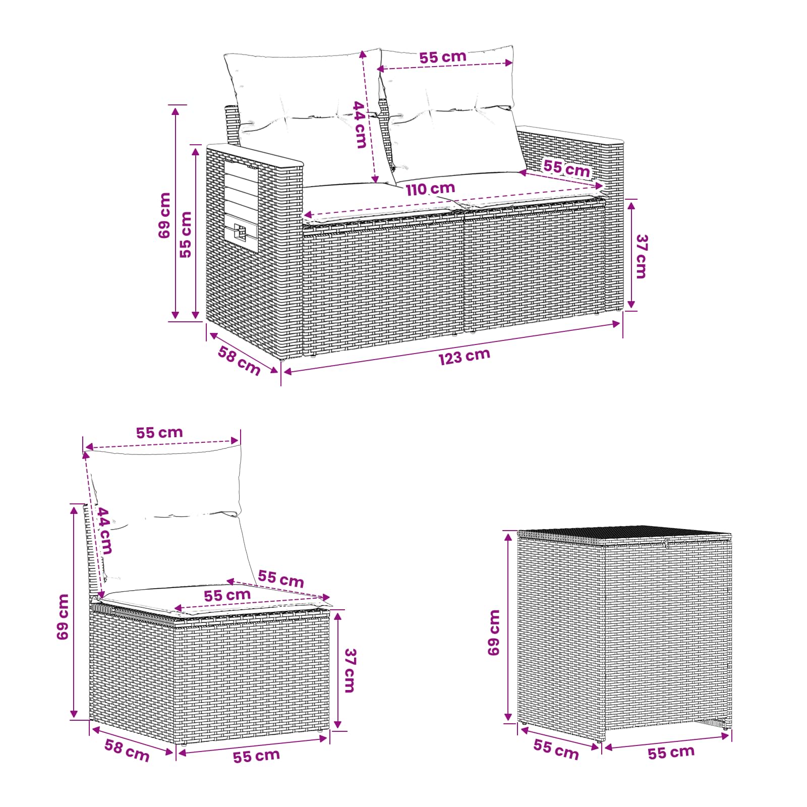 Ensemble de Canapés 7 pcs Noir Rattan synthétique et acier