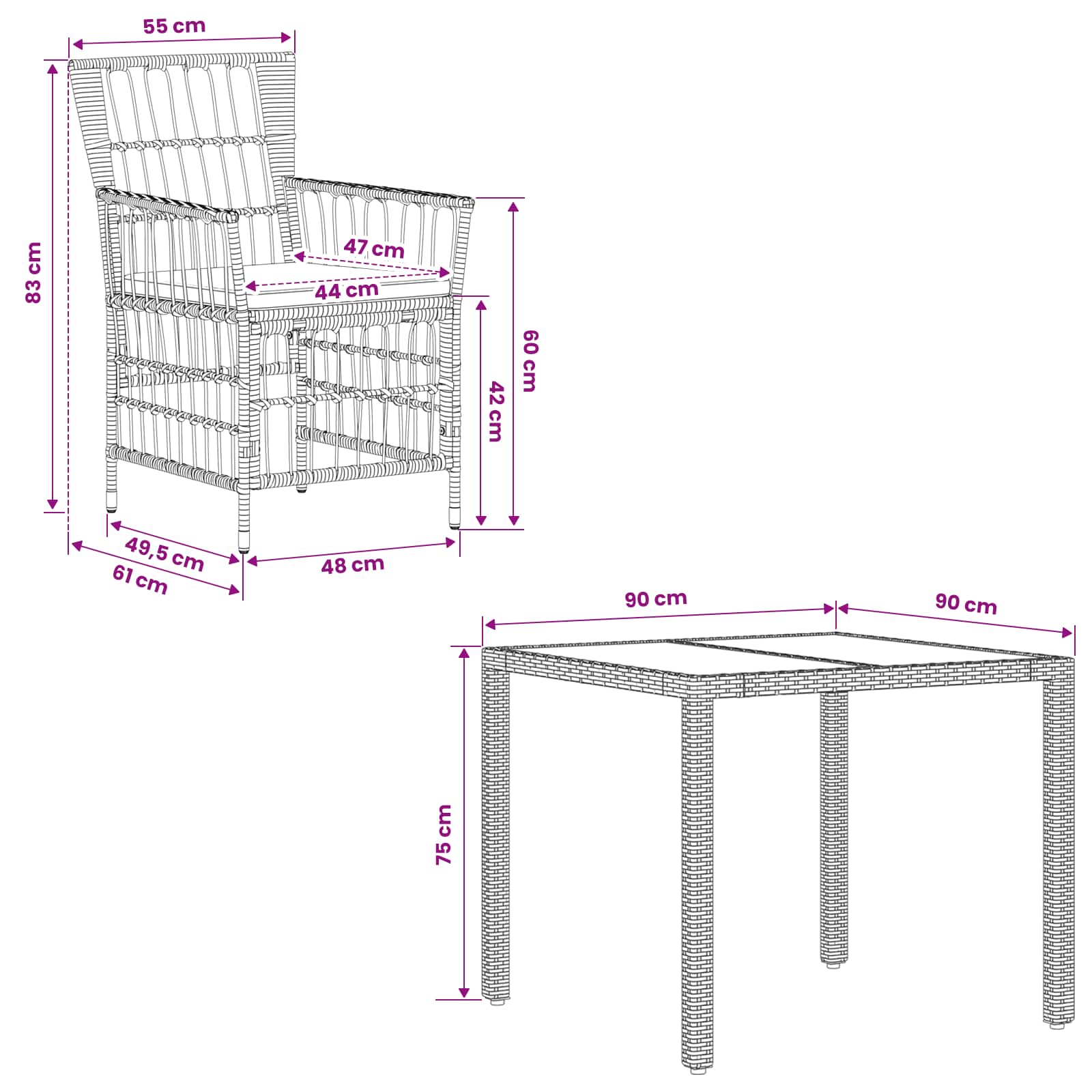Ensemble de repas extérieur 3 pc Gris polyrotin