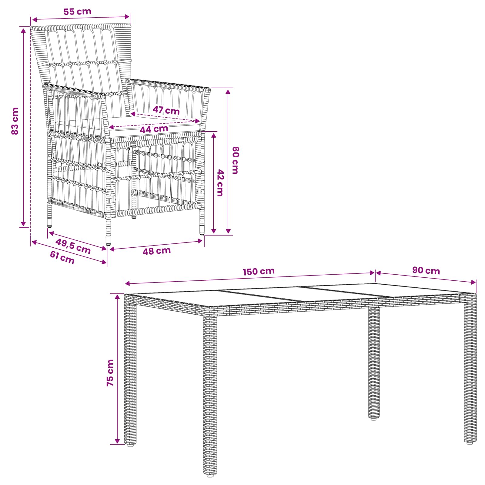 Ensemble de repas extérieur 5 pc Noir polyrotin