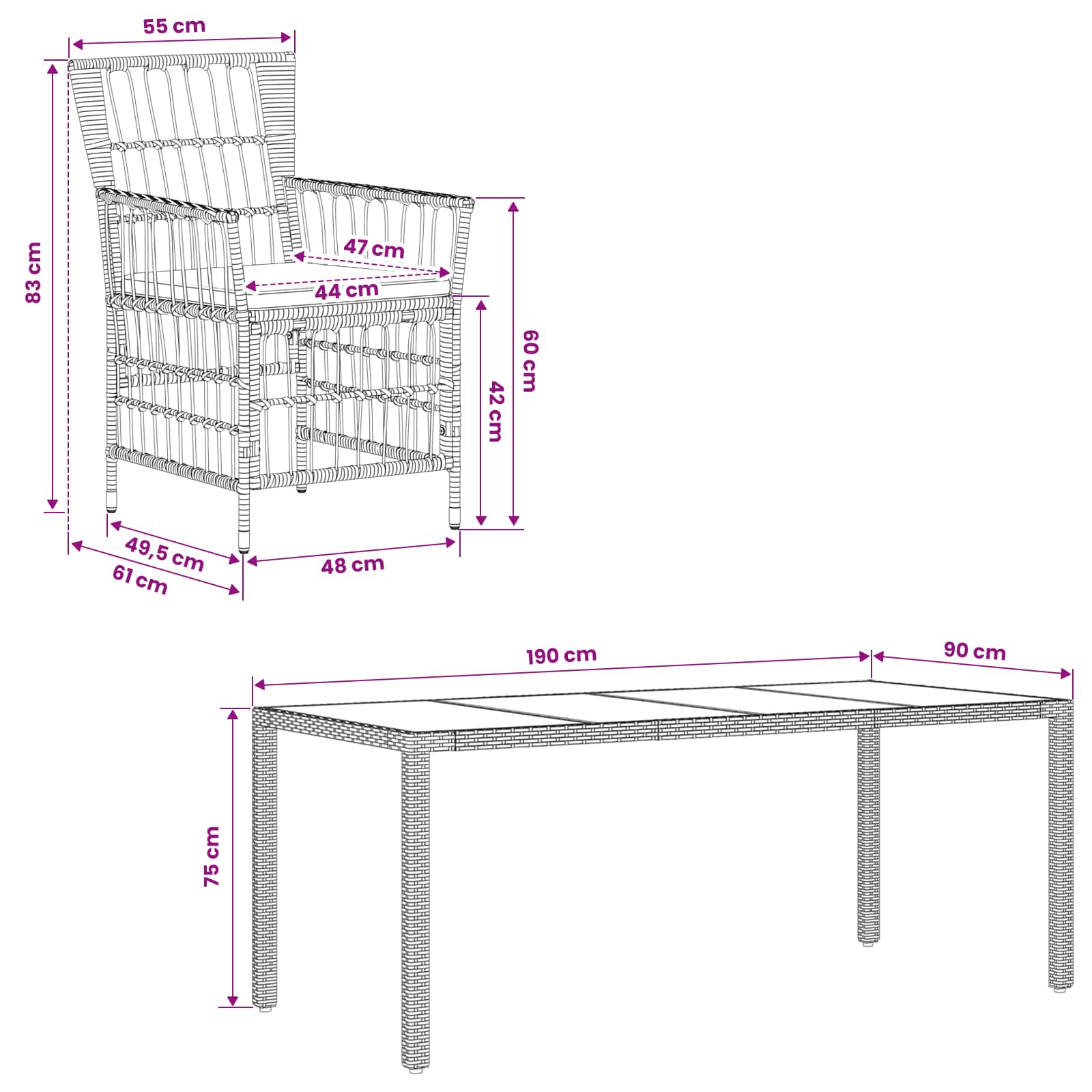 Ensemble de repas extérieur 7 pc Noir polyrotin
