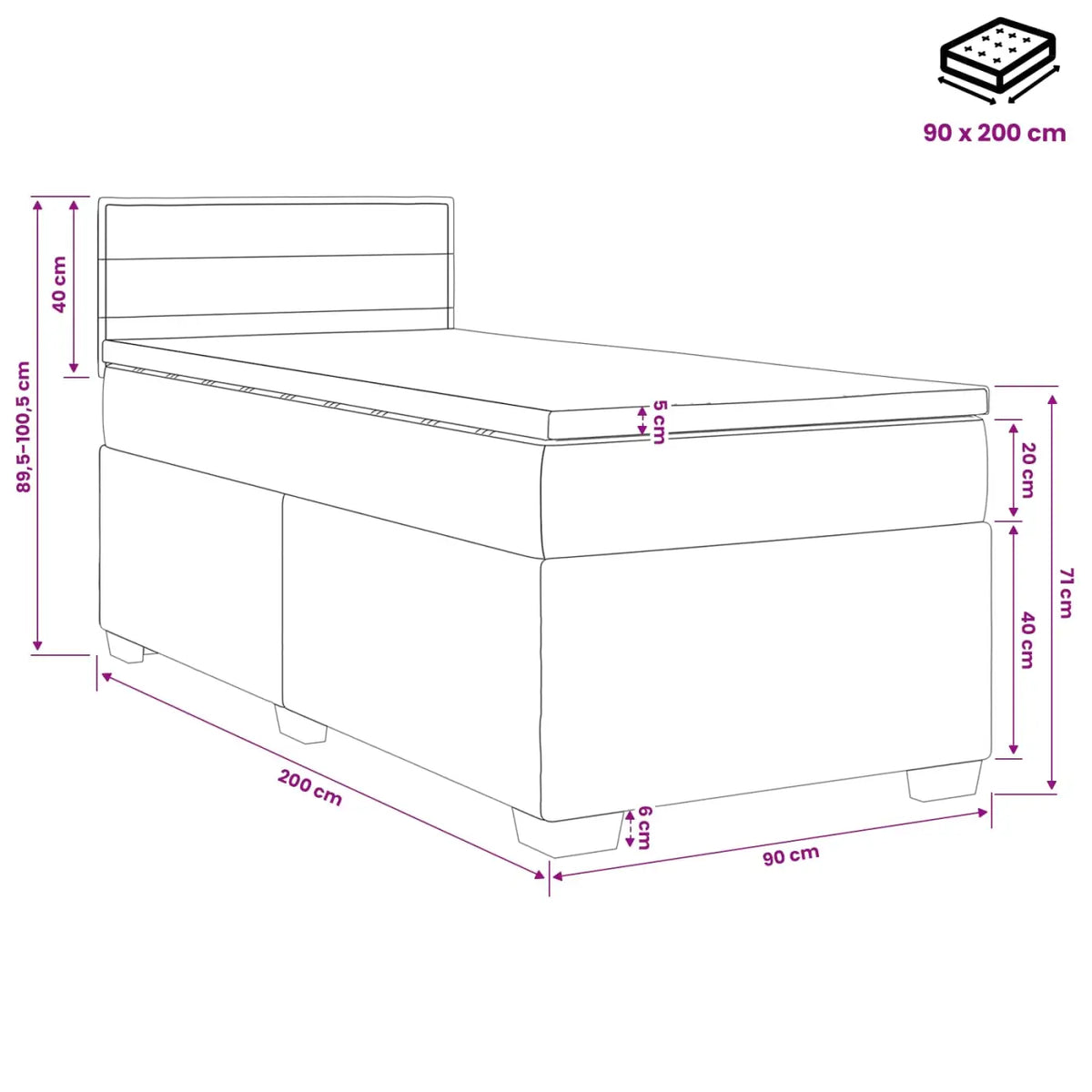 Lit boxspring avec matelas Noir 90 x 200 cm Tissu - XIOS
