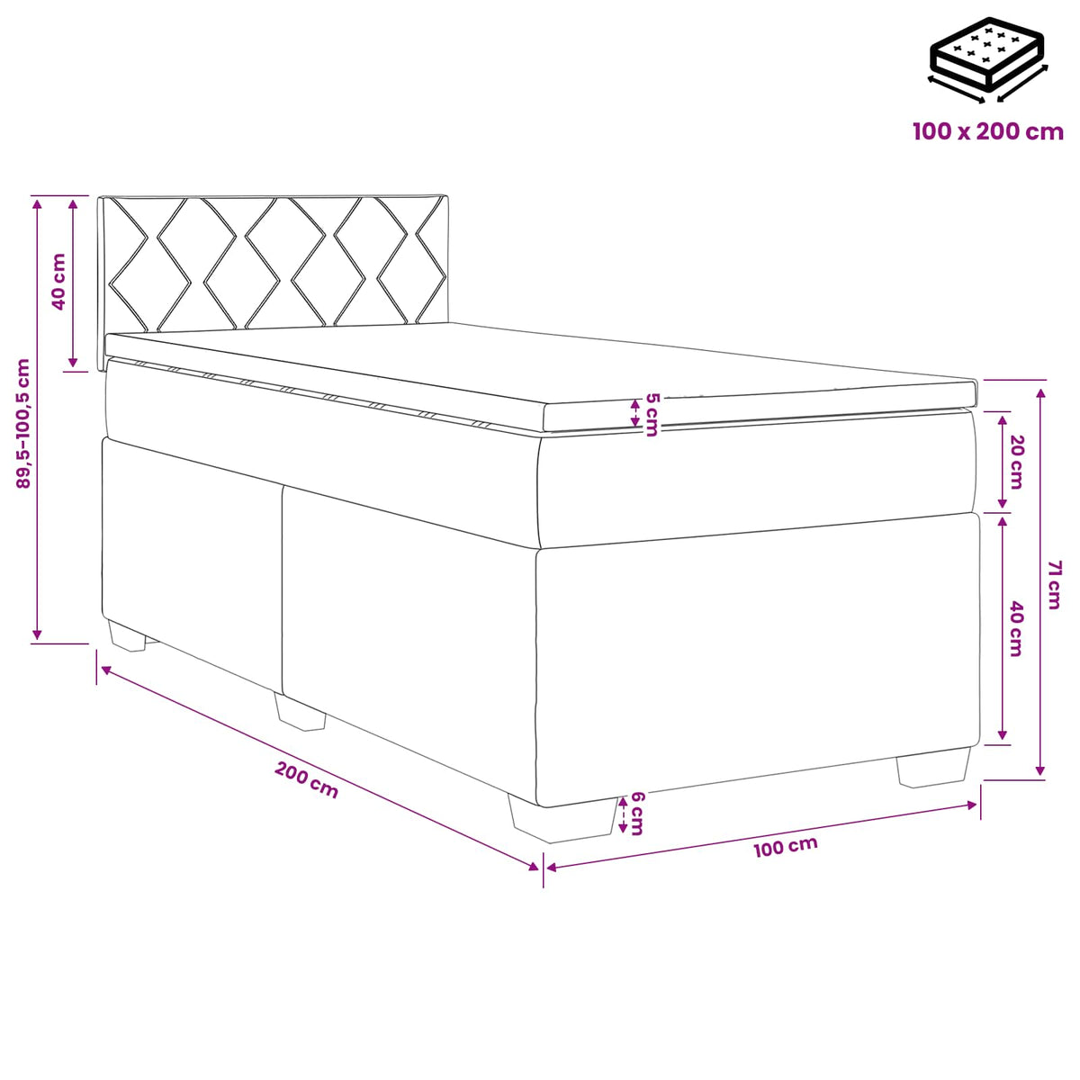 Lit boxspring avec matelas Gris clair 100 x 200 cm Tissu