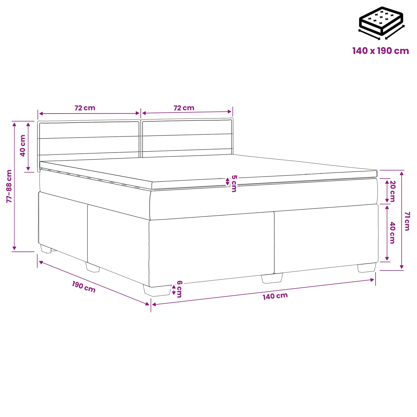 Lit boxspring avec matelas Gris foncé 140 x 190 cm Tissu - XIOS