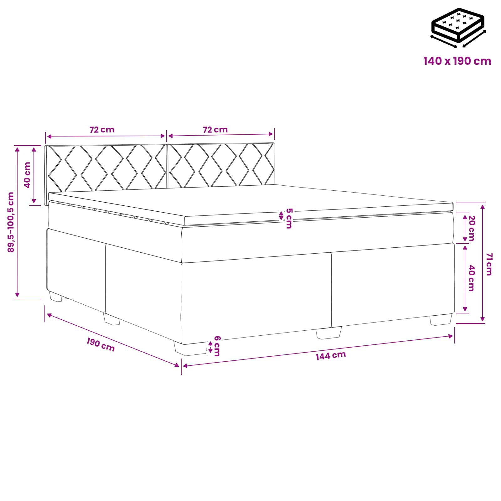 Lit boxspring avec matelas Gris foncé 140 x 190 cm Tissu