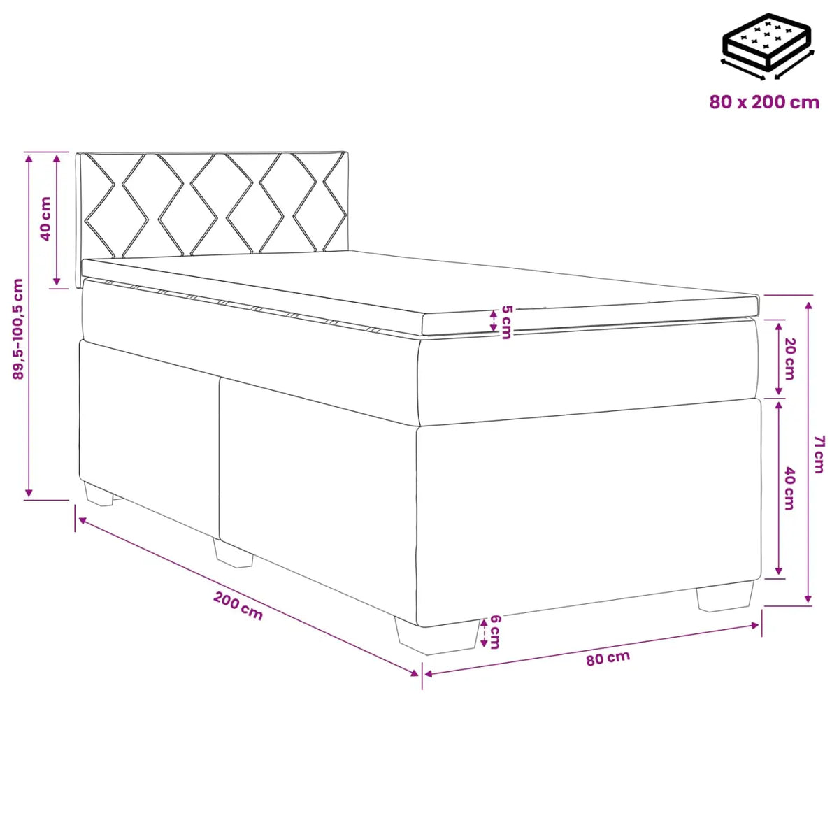 Lit boxspring avec matelas Bleu foncé 80 x 200 cm Velours - XIOS