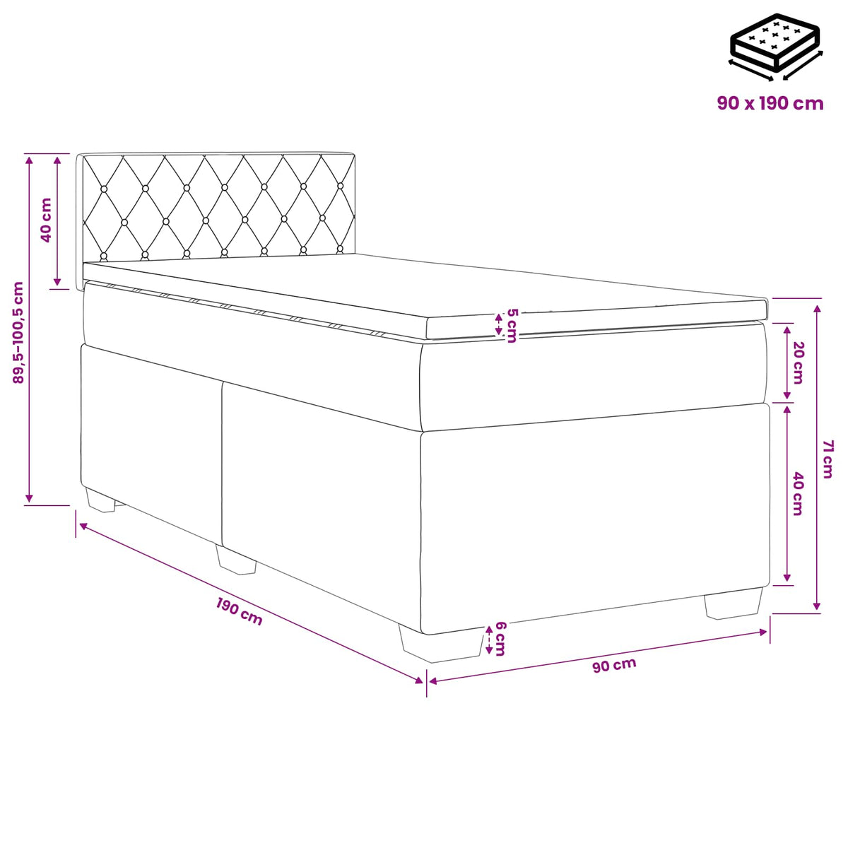 Lit boxspring avec matelas Gris foncé 90 x 190 cm Velours
