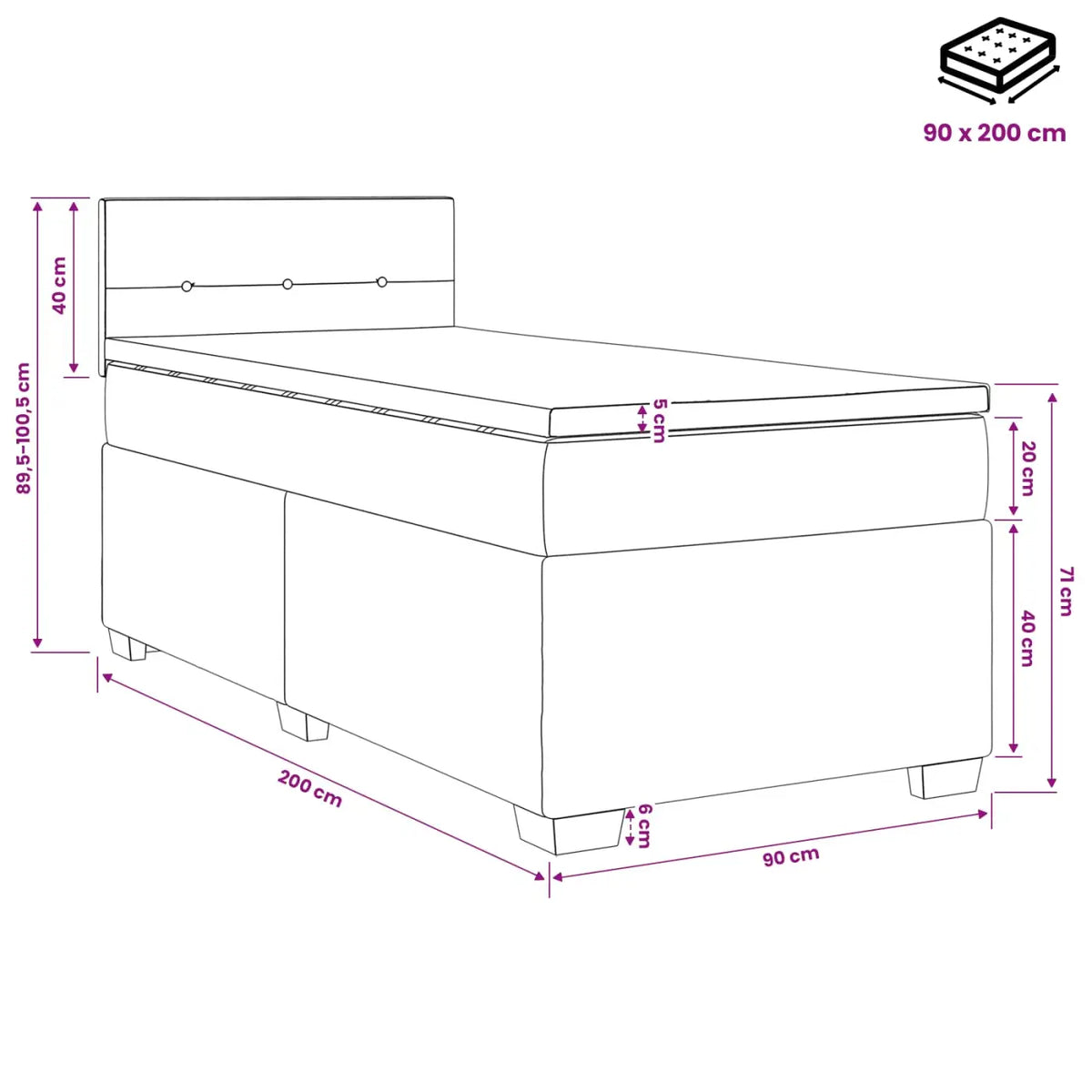 Lit boxspring avec matelas Noir 90 x 200 cm Velours - XIOS