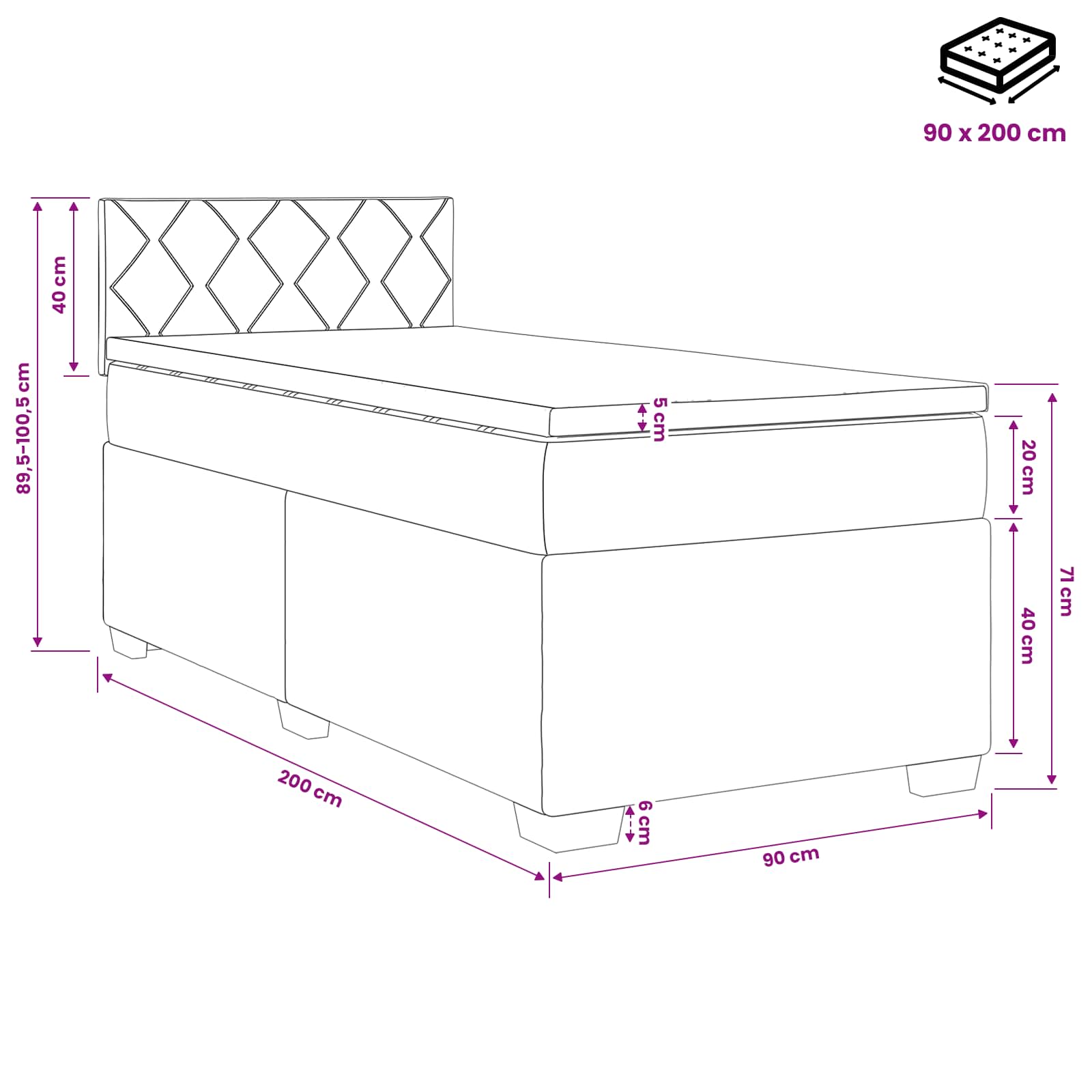 Lit boxspring avec matelas Noir 90 x 200 cm Velours
