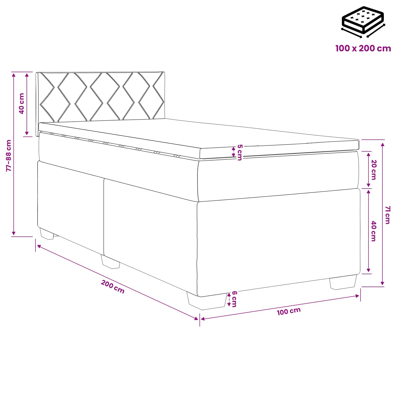Lit boxspring avec matelas Rose 100 x 200 cm Velours