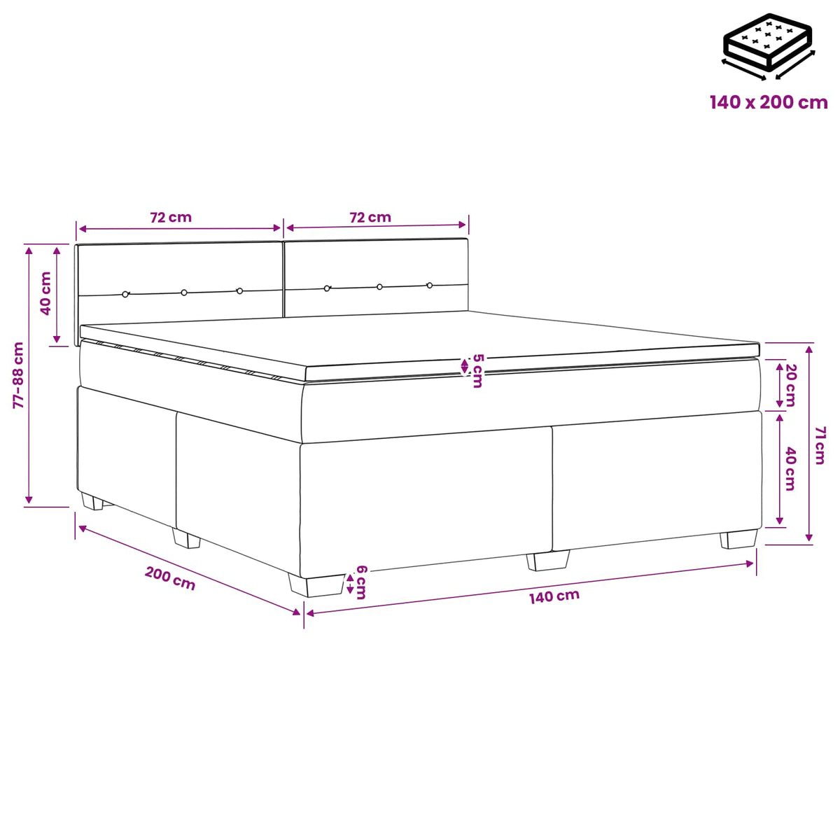 Lit boxspring avec matelas Noir 140 x 200 cm Velours - XIOS
