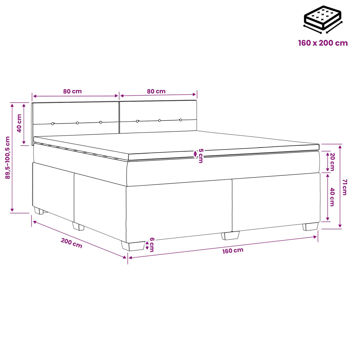 Lit boxspring avec matelas Gris foncé 160 x 200 cm Velours