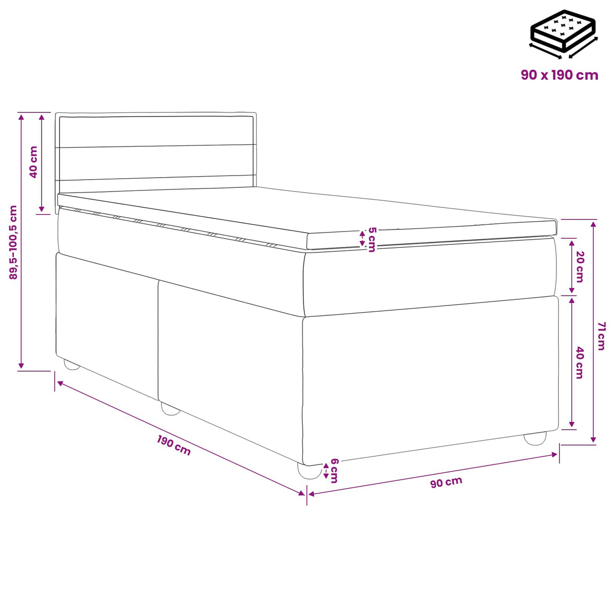 Lit boxspring avec matelas Crème 90 x 190 cm Tissu