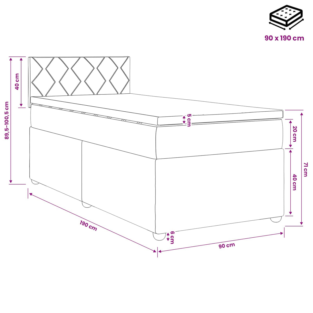 Lit boxspring avec matelas Gris clair 90 x 190 cm Tissu