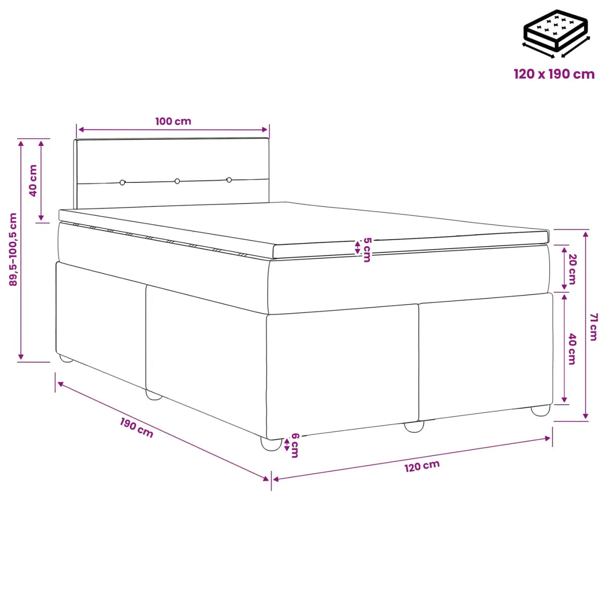 Lit boxspring avec matelas Gris clair 120 x 190 cm Tissu - XIOS