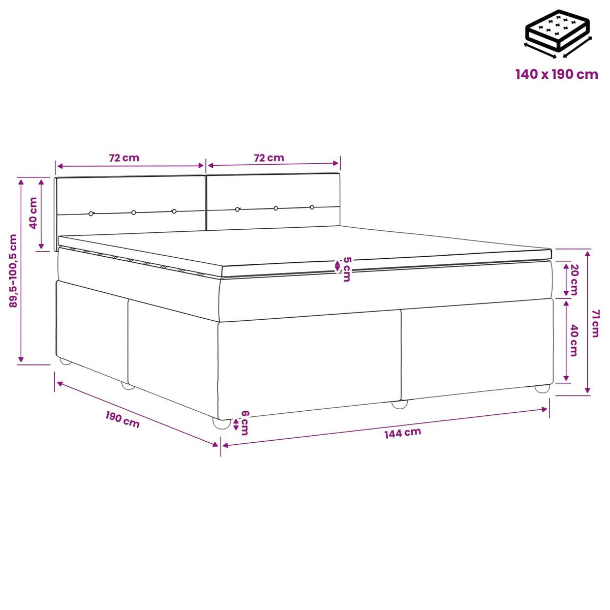 Lit boxspring avec matelas Noir 140 x 190 cm Tissu