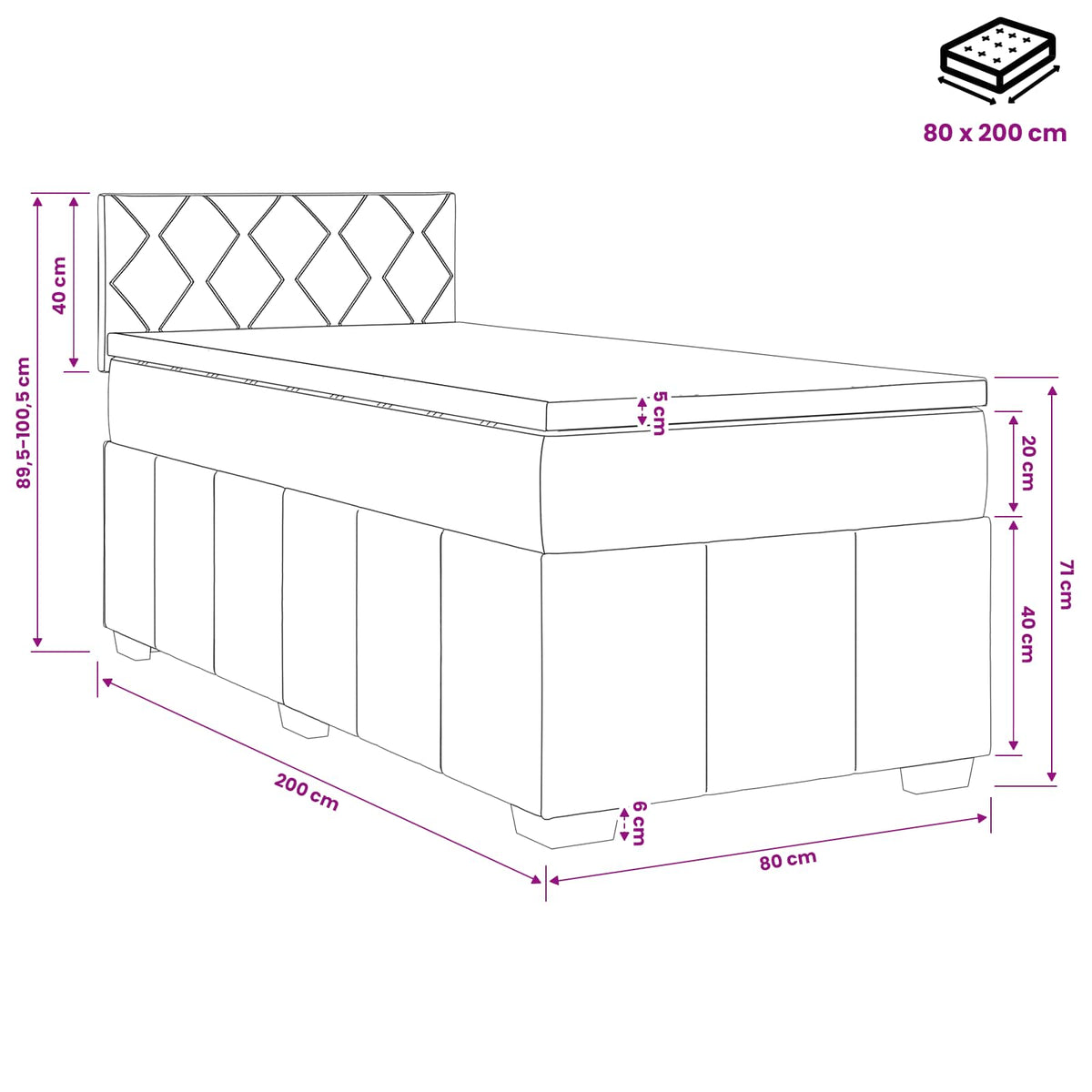 Lit boxspring avec matelas Gris foncé 80 x 200 cm Tissu