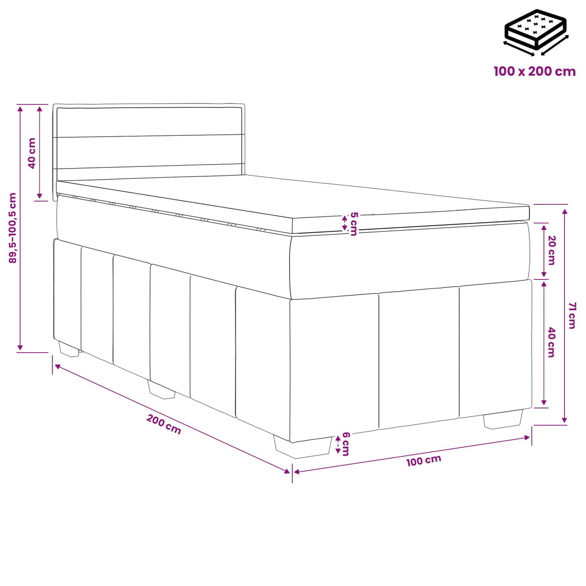 Lit boxspring avec matelas Gris clair 100 x 200 cm Tissu