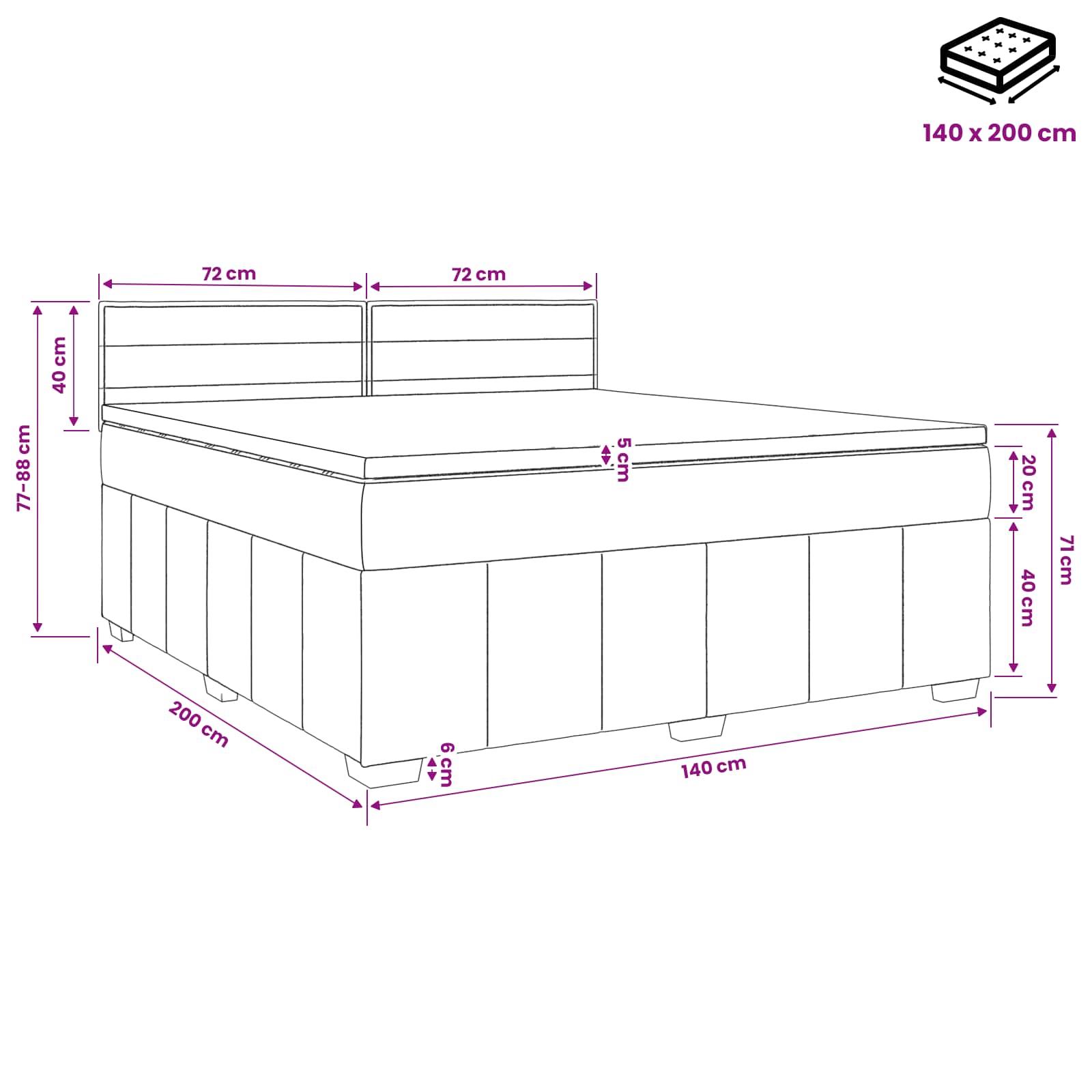 Lit boxspring avec matelas Gris foncé 140 x 200 cm Tissu - XIOS