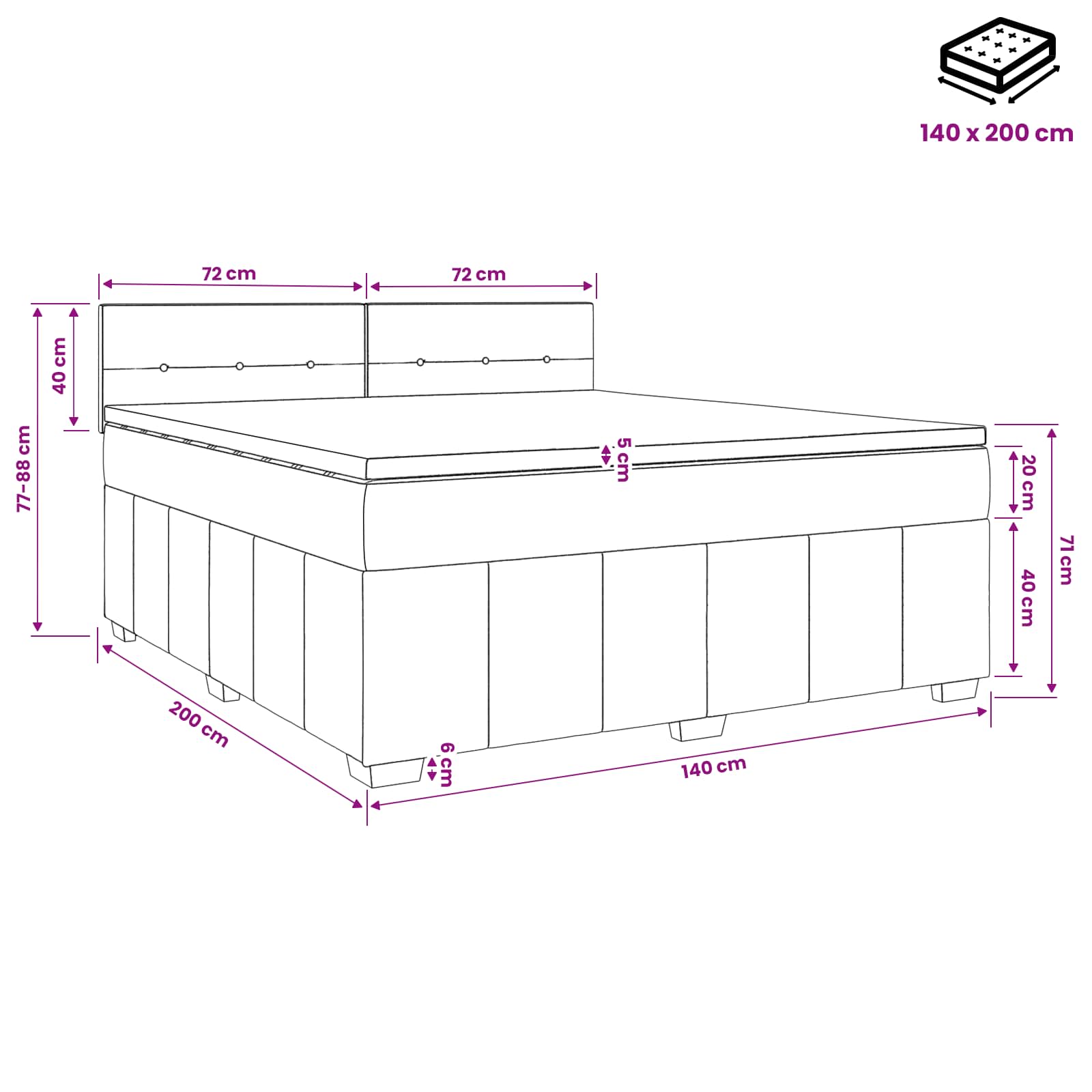 Lit boxspring avec matelas Gris foncé 140 x 200 cm Tissu - XIOS