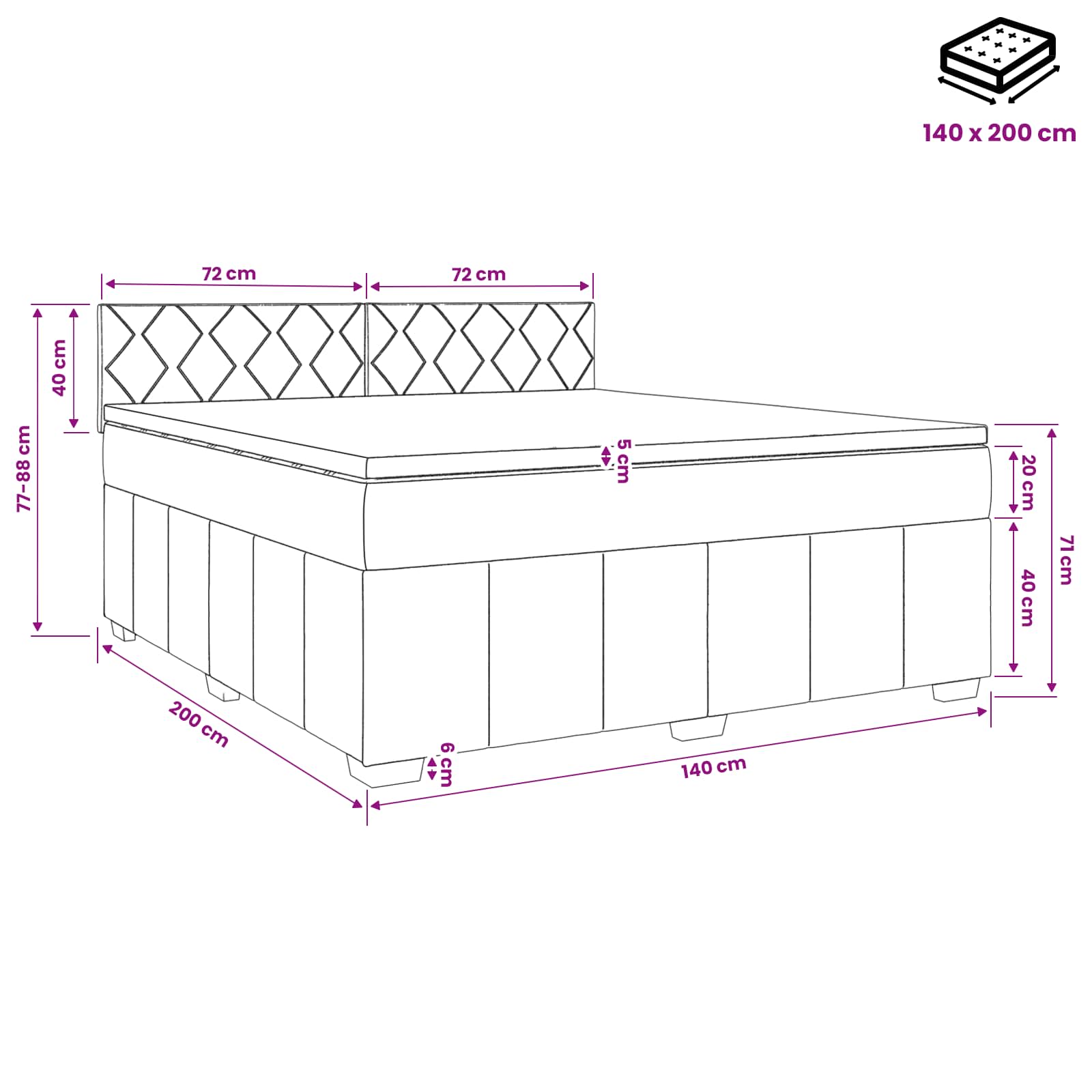 Lit boxspring avec matelas Gris foncé 140 x 200 cm Tissu