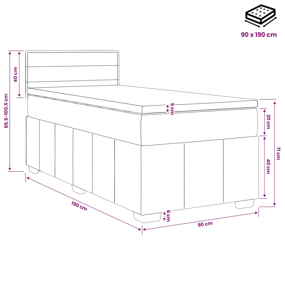 Lit boxspring avec matelas Gris foncé 90 x 190 cm Tissu