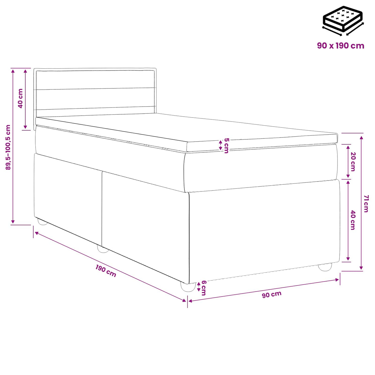 Lit boxspring avec matelas Gris foncé 90 x 190 cm Tissu