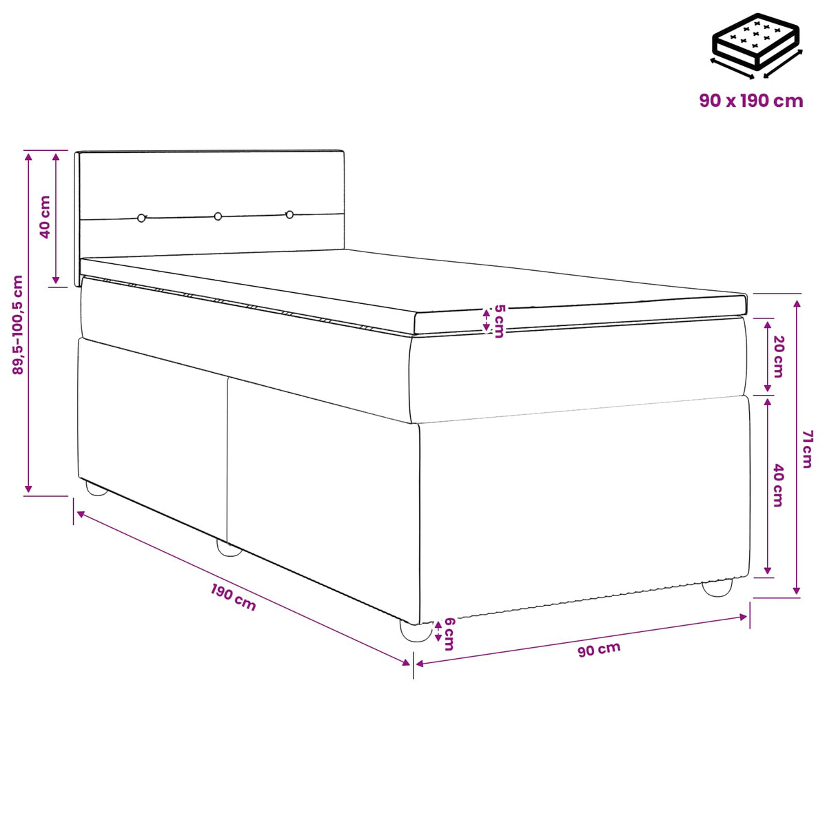 Lit boxspring avec matelas Gris foncé 90 x 190 cm Tissu