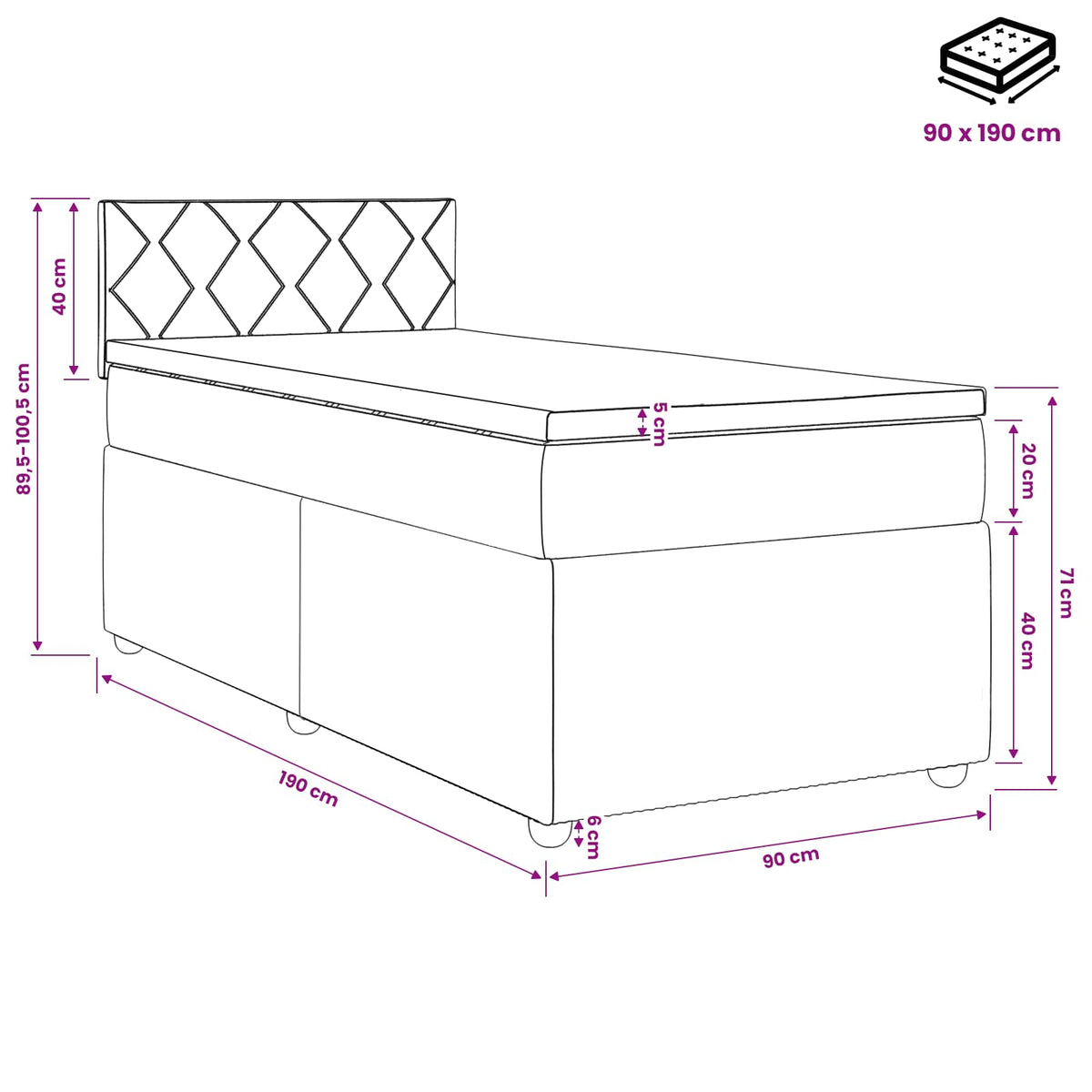 Lit boxspring avec matelas Gris clair 90 x 190 cm Tissu