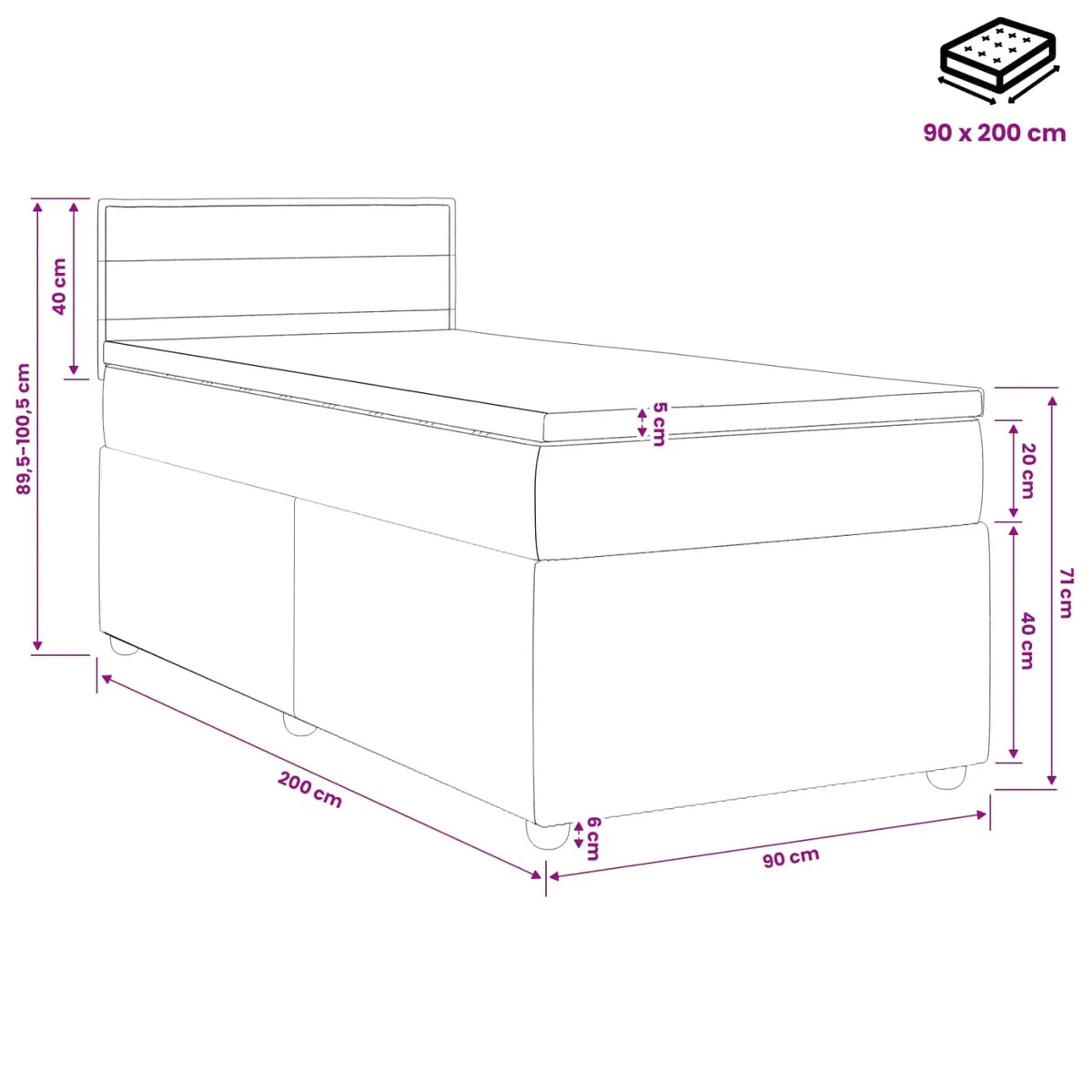 Lit boxspring avec matelas Noir 90 x 200 cm Tissu - XIOS