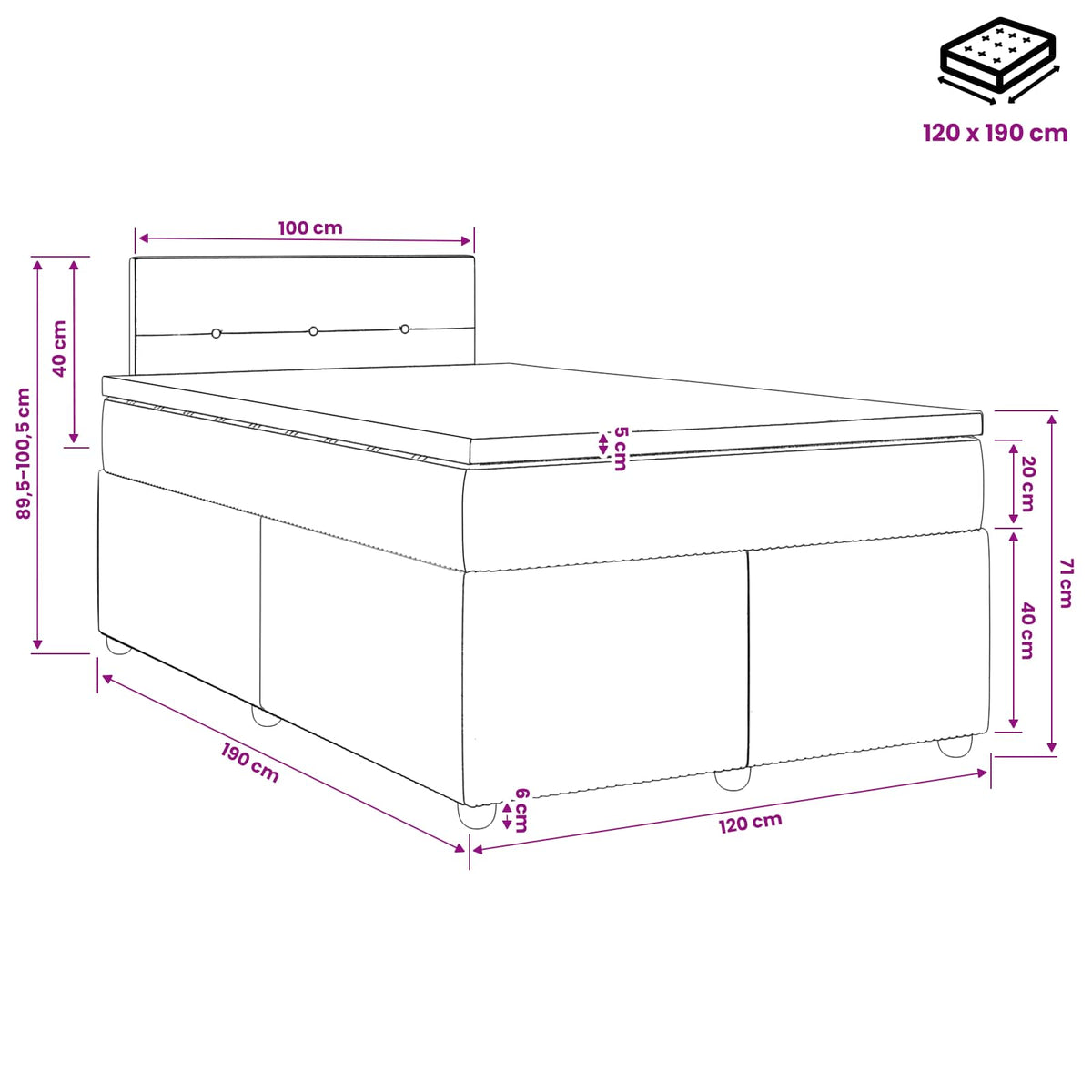 Lit boxspring avec matelas Crème 120 x 190 cm Tissu