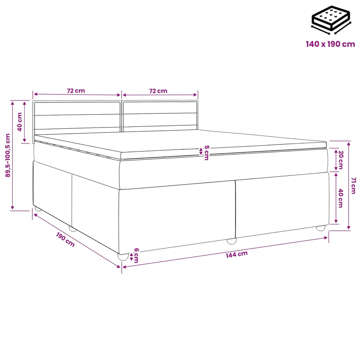 Lit boxspring avec matelas Noir 140 x 190 cm Tissu - XIOS