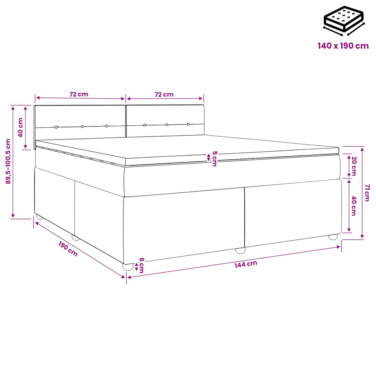 Lit boxspring avec matelas Gris foncé 140 x 190 cm Tissu