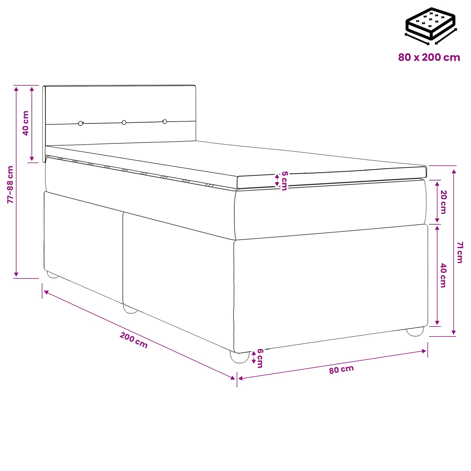 Lit boxspring avec matelas Bleu foncé 80 x 200 cm Velours