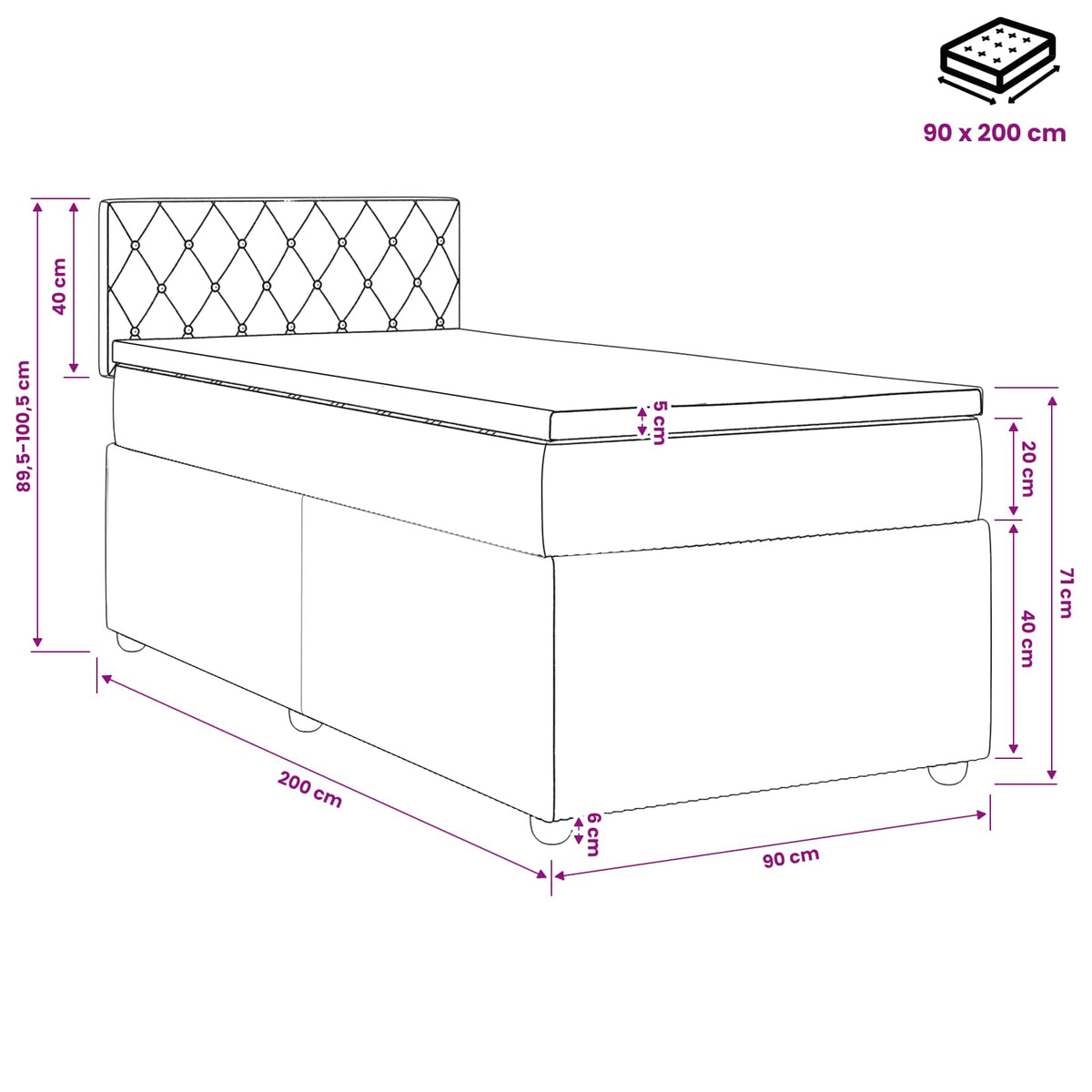 Lit boxspring avec matelas Noir 90 x 200 cm Velours