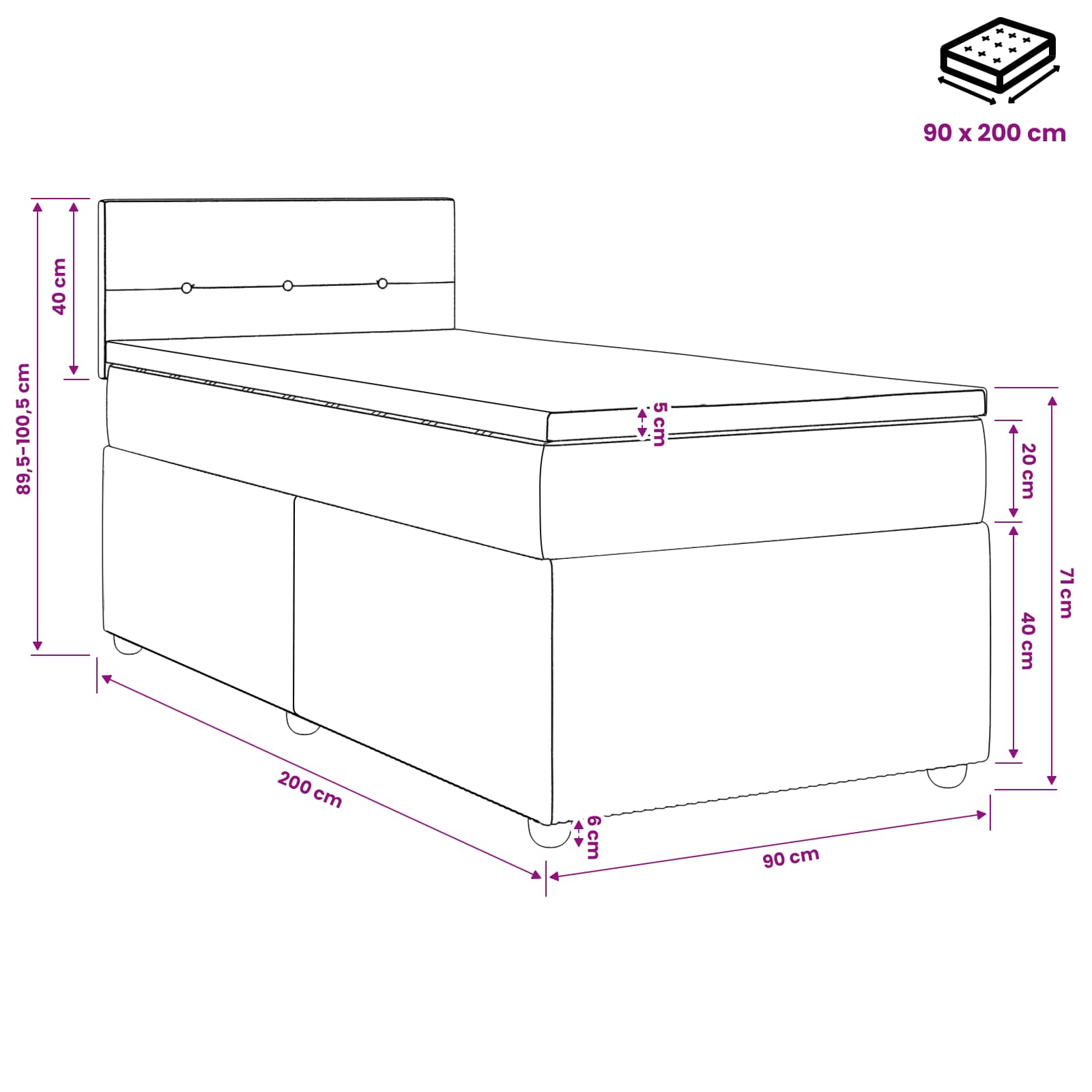 Lit boxspring avec matelas Noir 90 x 200 cm Velours