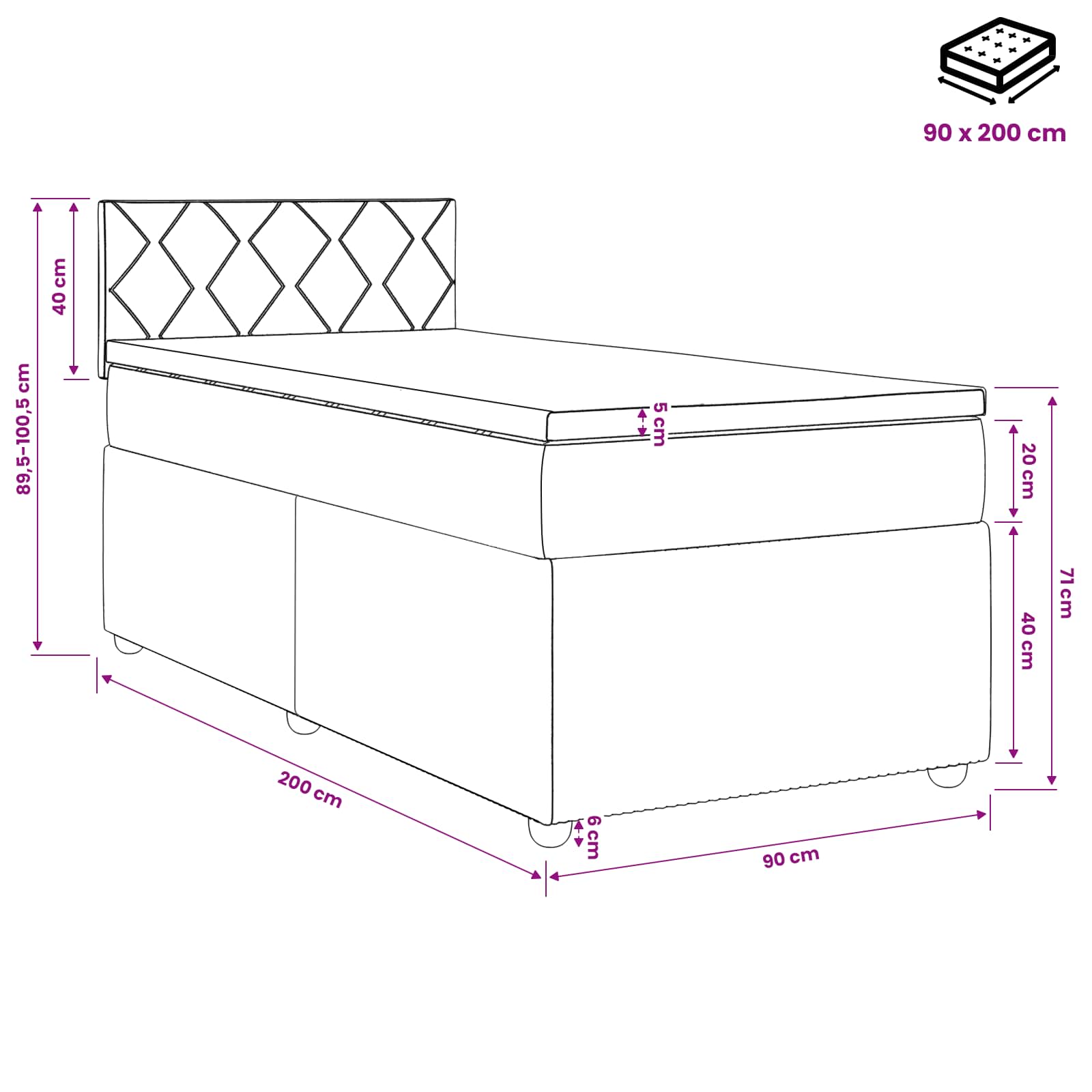 Lit boxspring avec matelas Noir 90 x 200 cm Velours
