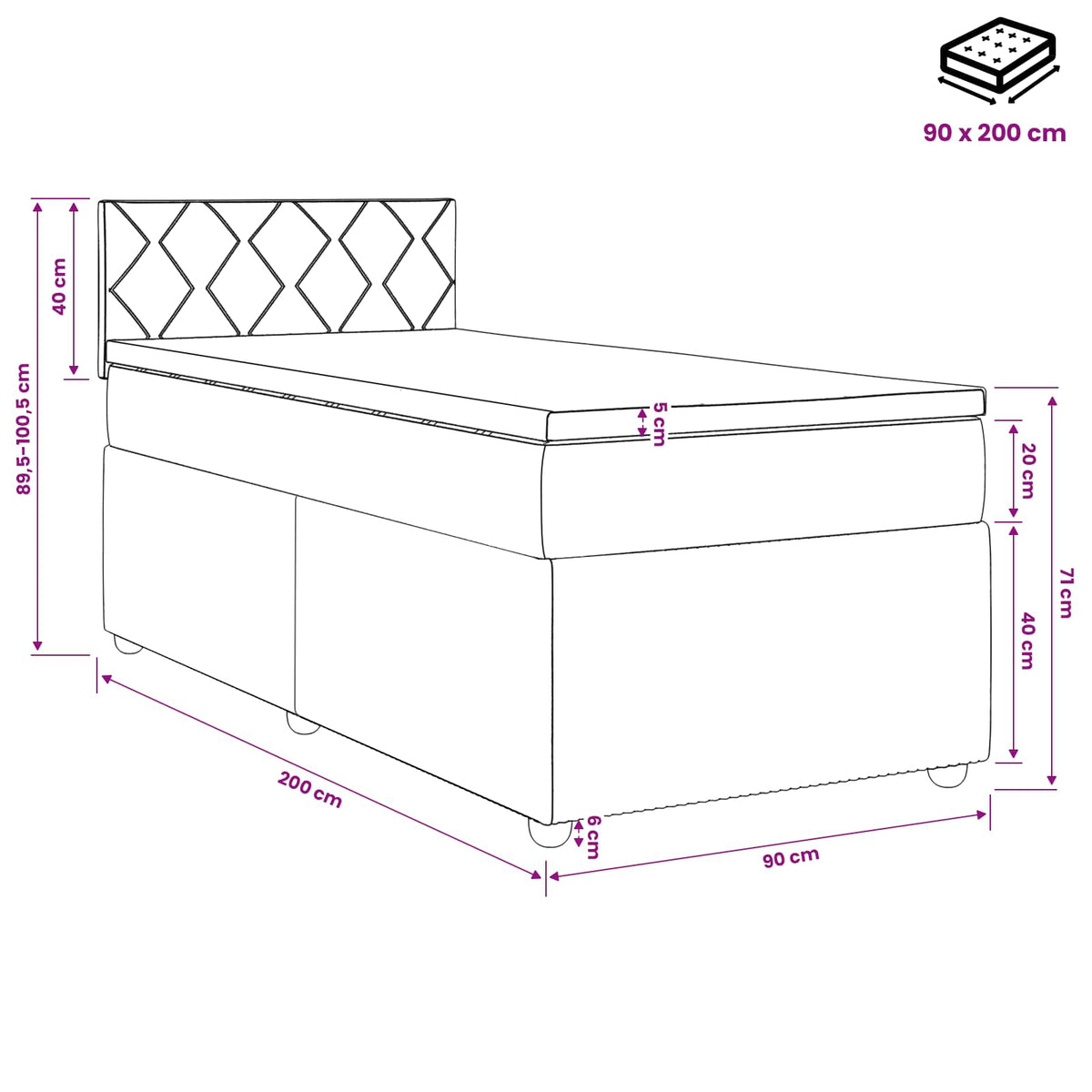 Lit boxspring avec matelas Rose 90 x 200 cm Velours
