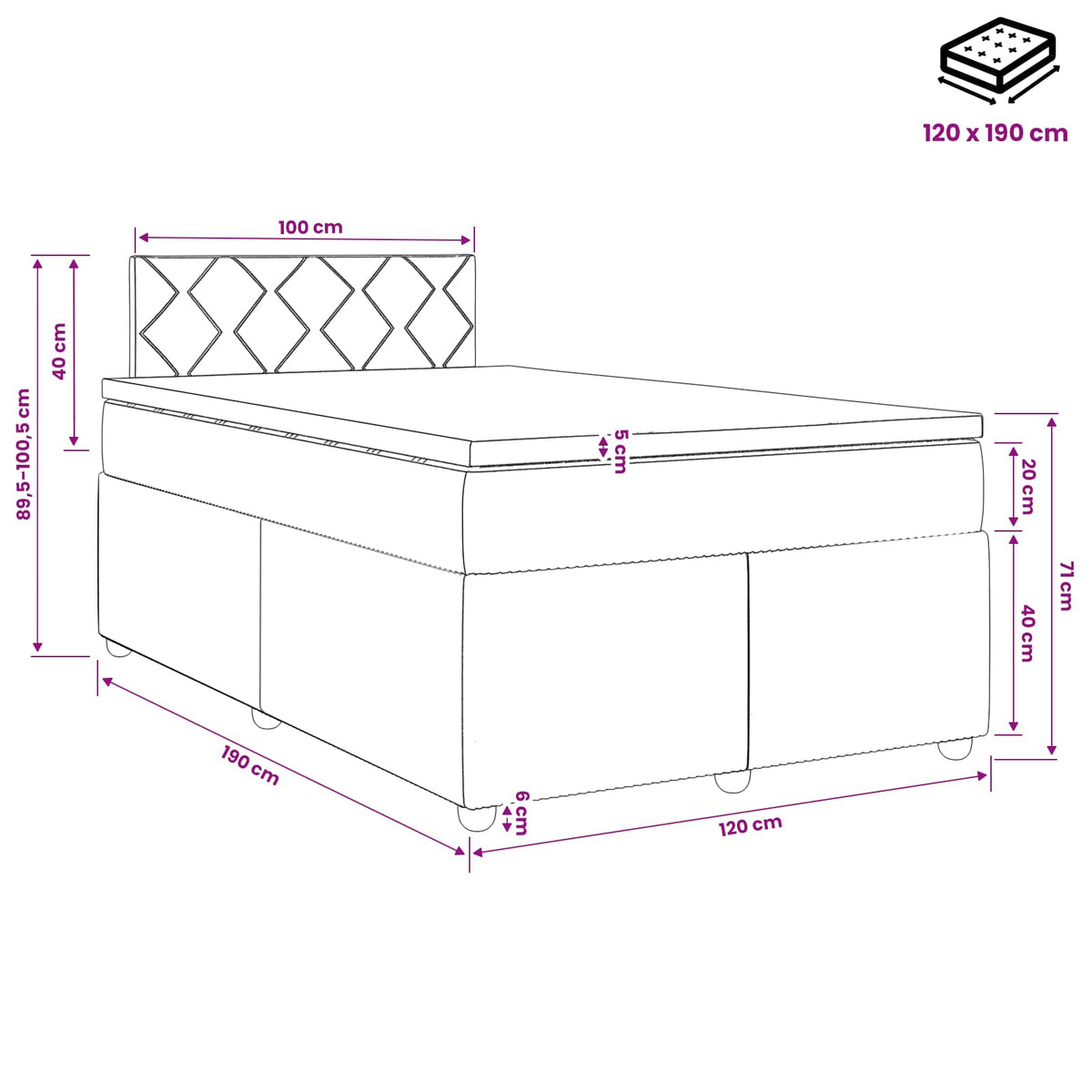 Lit boxspring avec matelas Gris clair 120 x 190 cm Velours