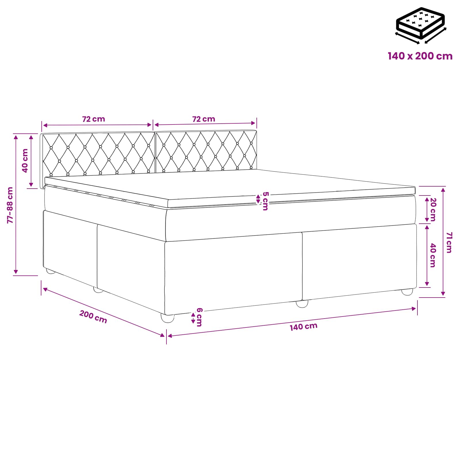 Lit boxspring avec matelas Noir 140 x 200 cm Velours
