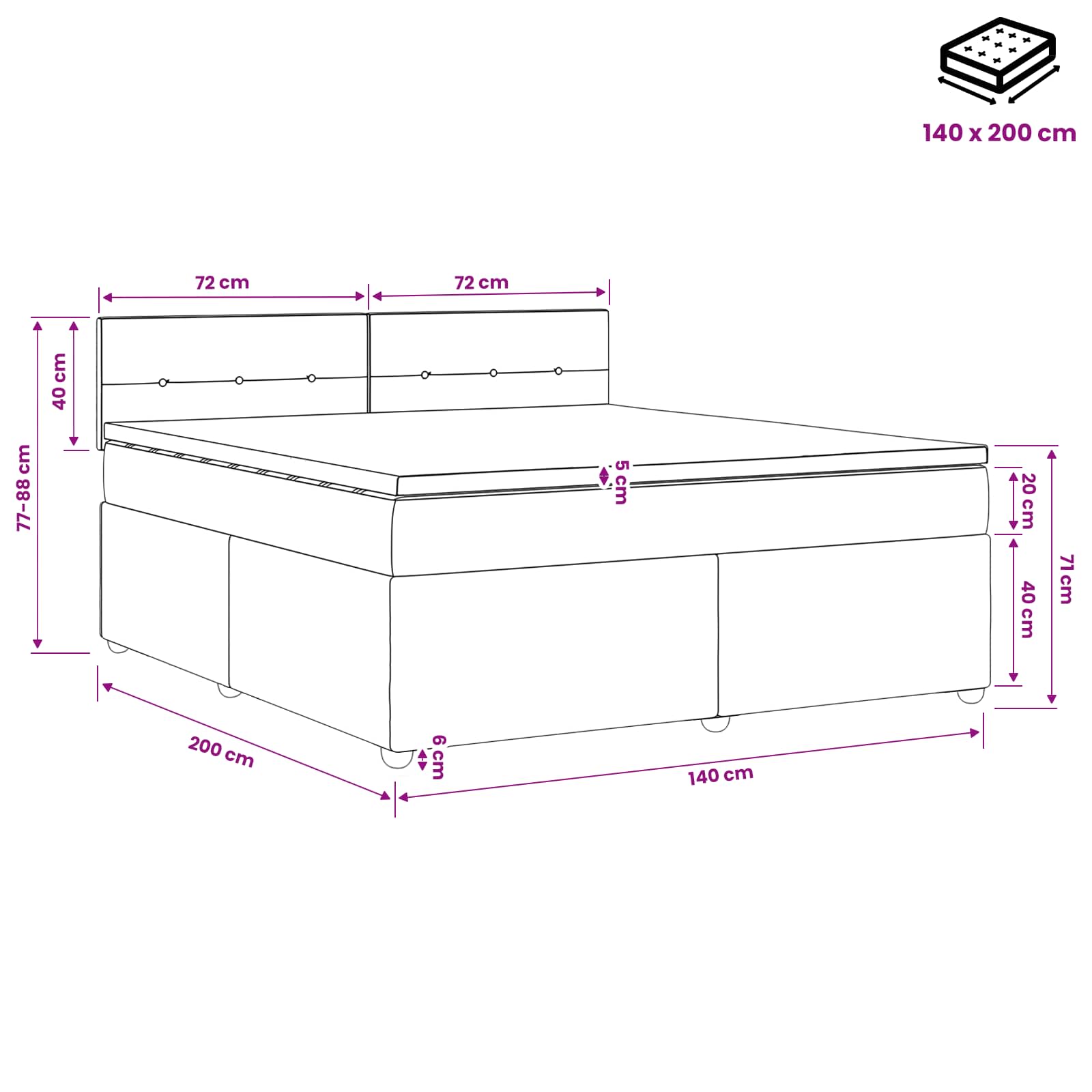 Lit boxspring avec matelas Gris foncé 140 x 200 cm Velours