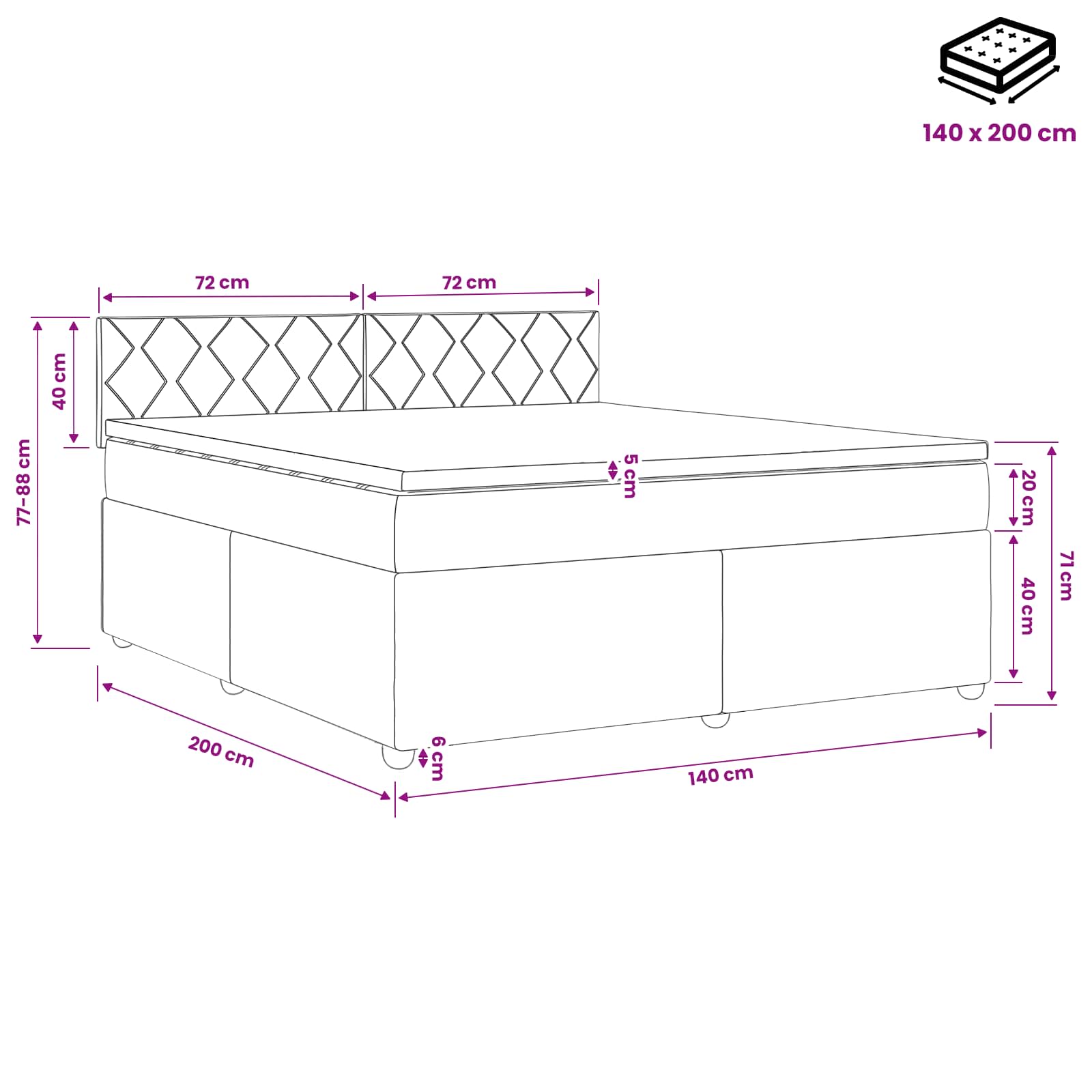 Lit boxspring avec matelas Bleu foncé 140 x 200 cm Velours