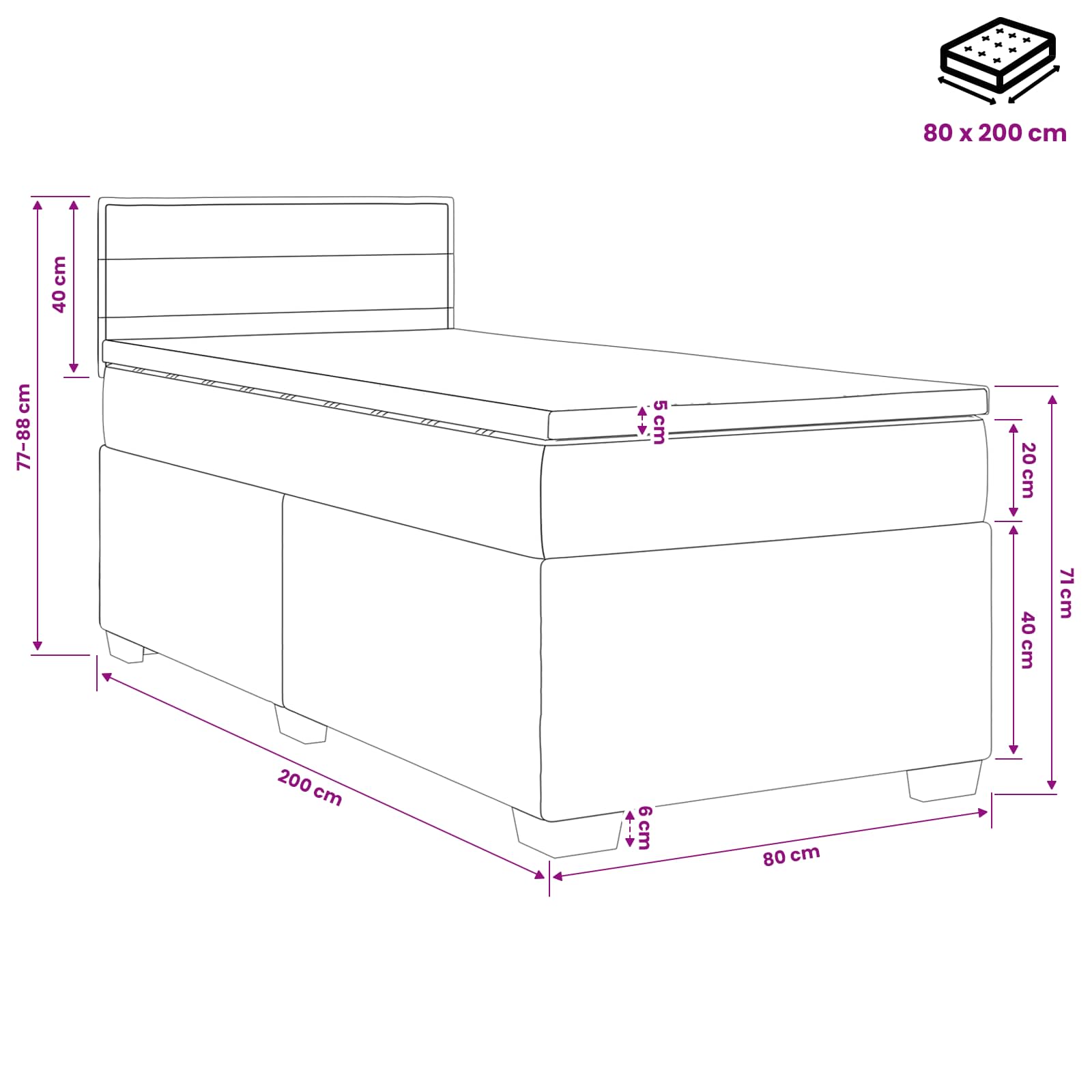 Lit de box spring avec matelas et LED Noir 80 x 200 cm Tissu - XIOS