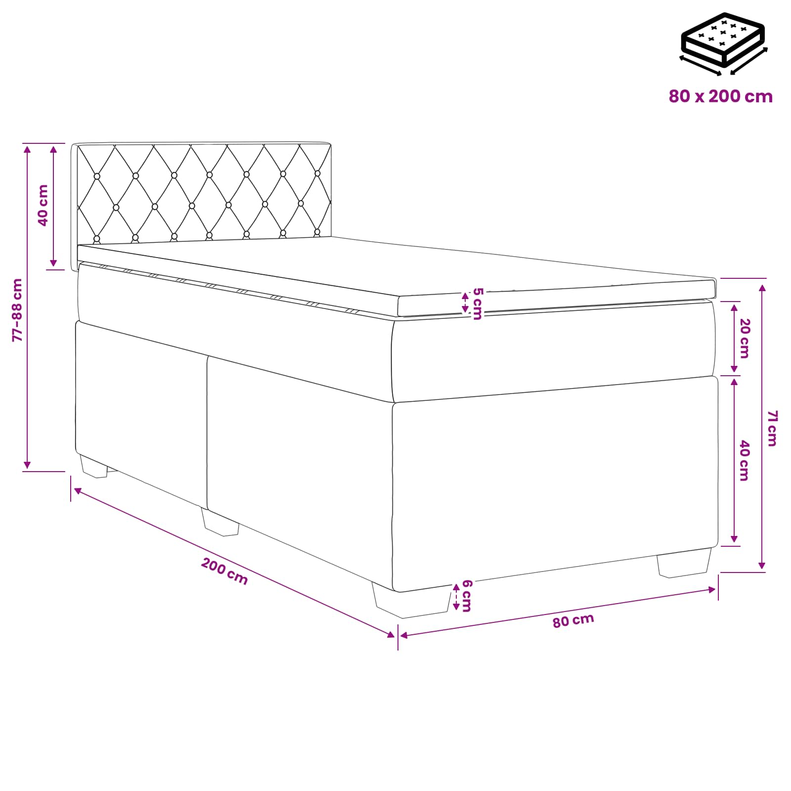 Lit de box spring avec matelas et LED Noir 80 x 200 cm Velours - XIOS