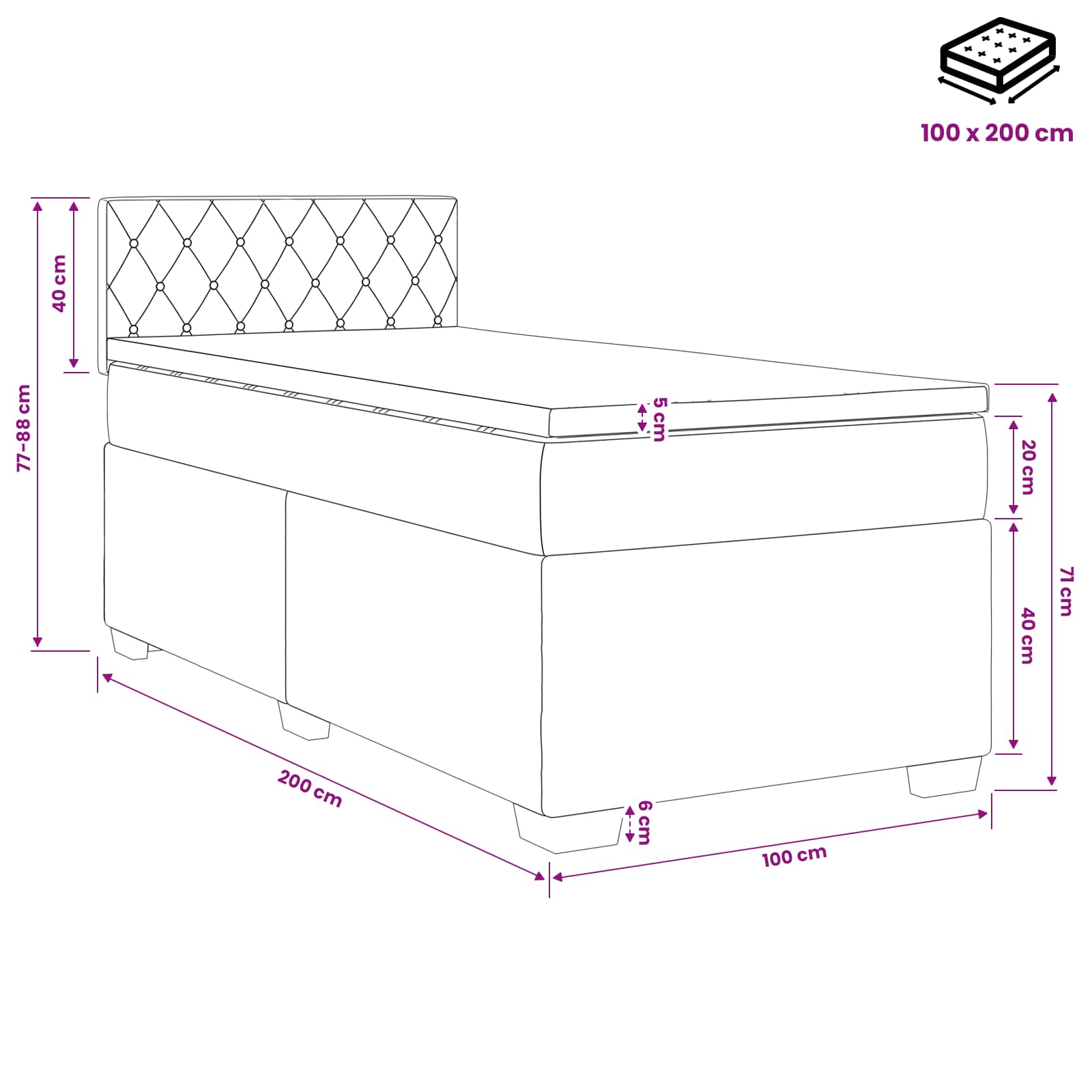 Lit de box spring avec matelas et LED Noir 100 x 200 cm Velours - XIOS
