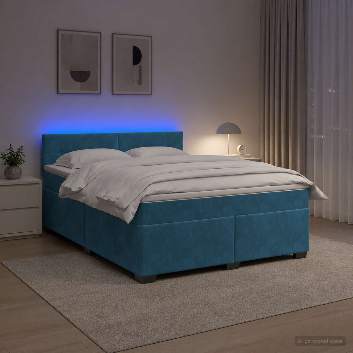 Lit de box spring avec matelas et LED Bleu 160 x 200 cm Velours