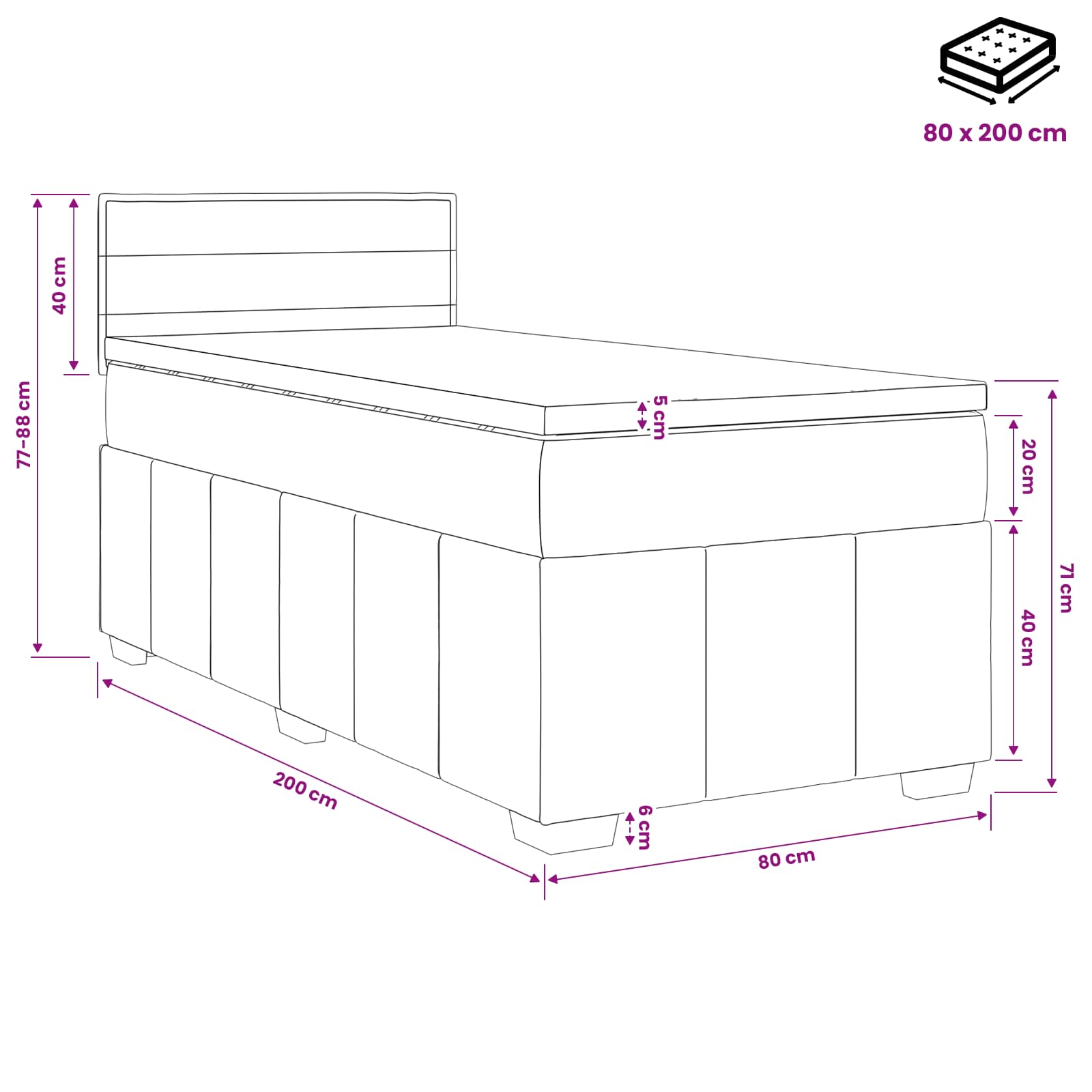 Lit boxspring avec matelas Noir 80 x 200 cm Tissu - XIOS