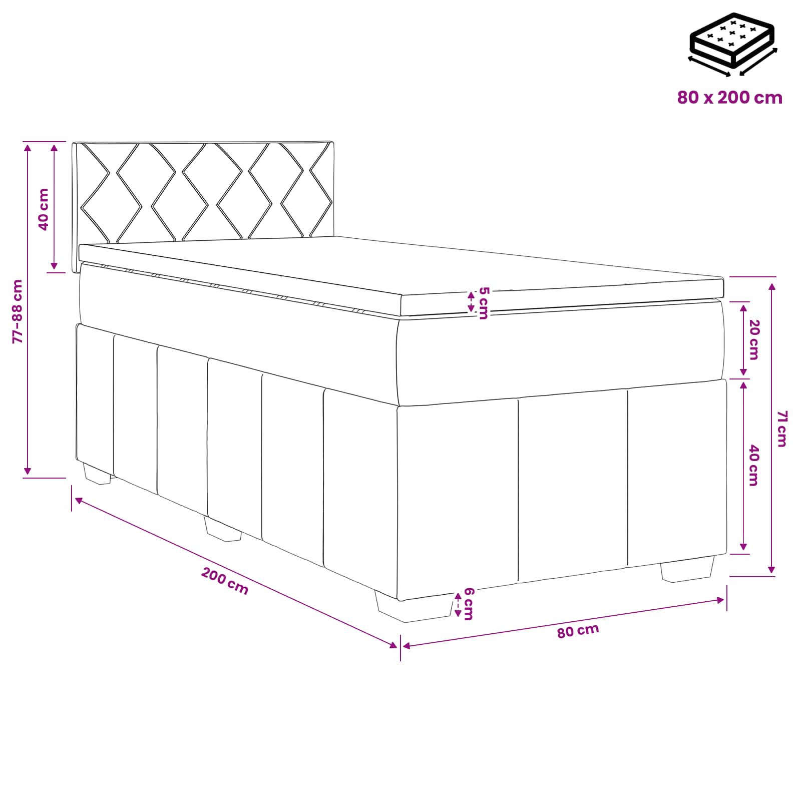Lit boxspring avec matelas Noir 80 x 200 cm Tissu - XIOS
